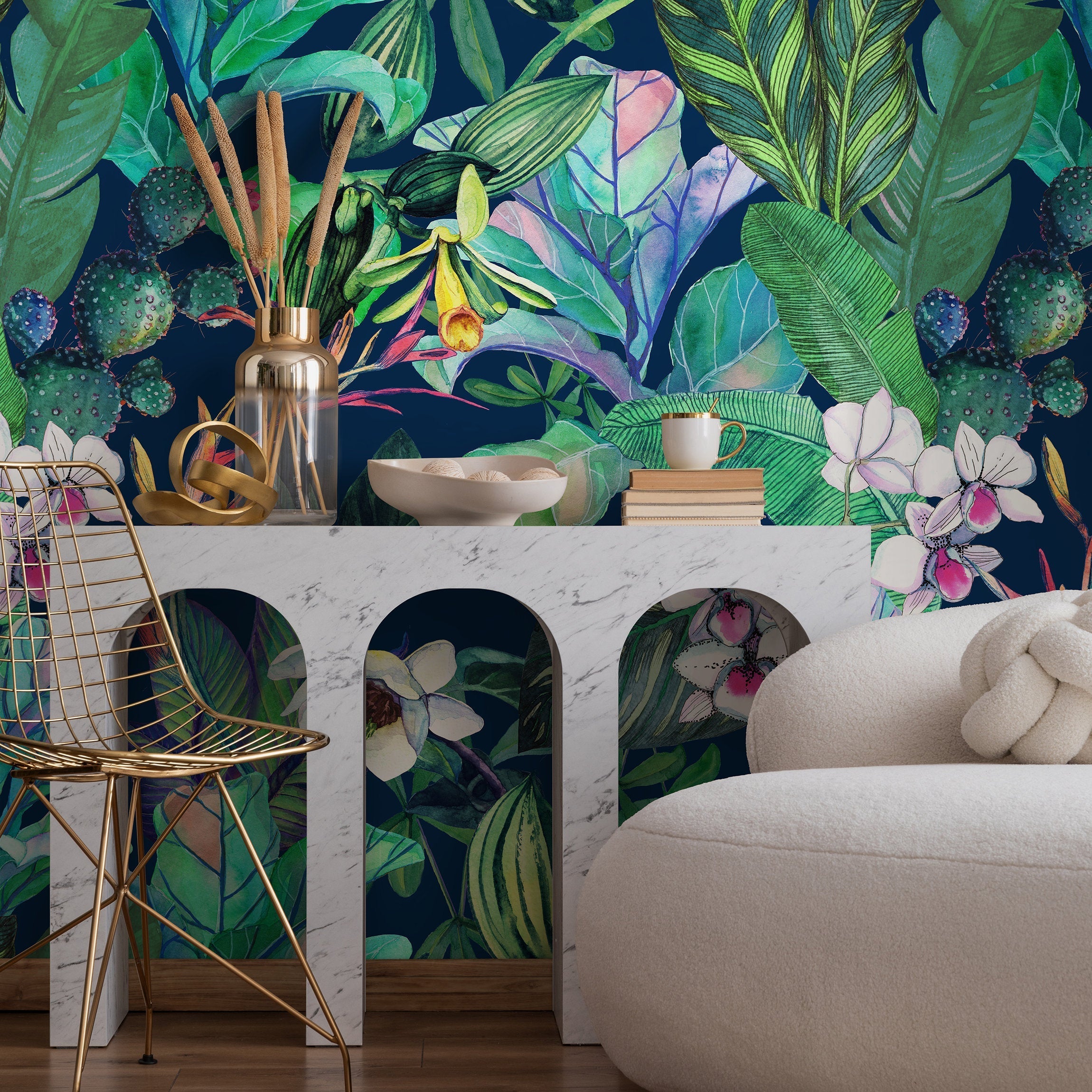 Tropical Wallpaper With Orchids And Jungle Leaves In Navy, Green, And Pink - B141