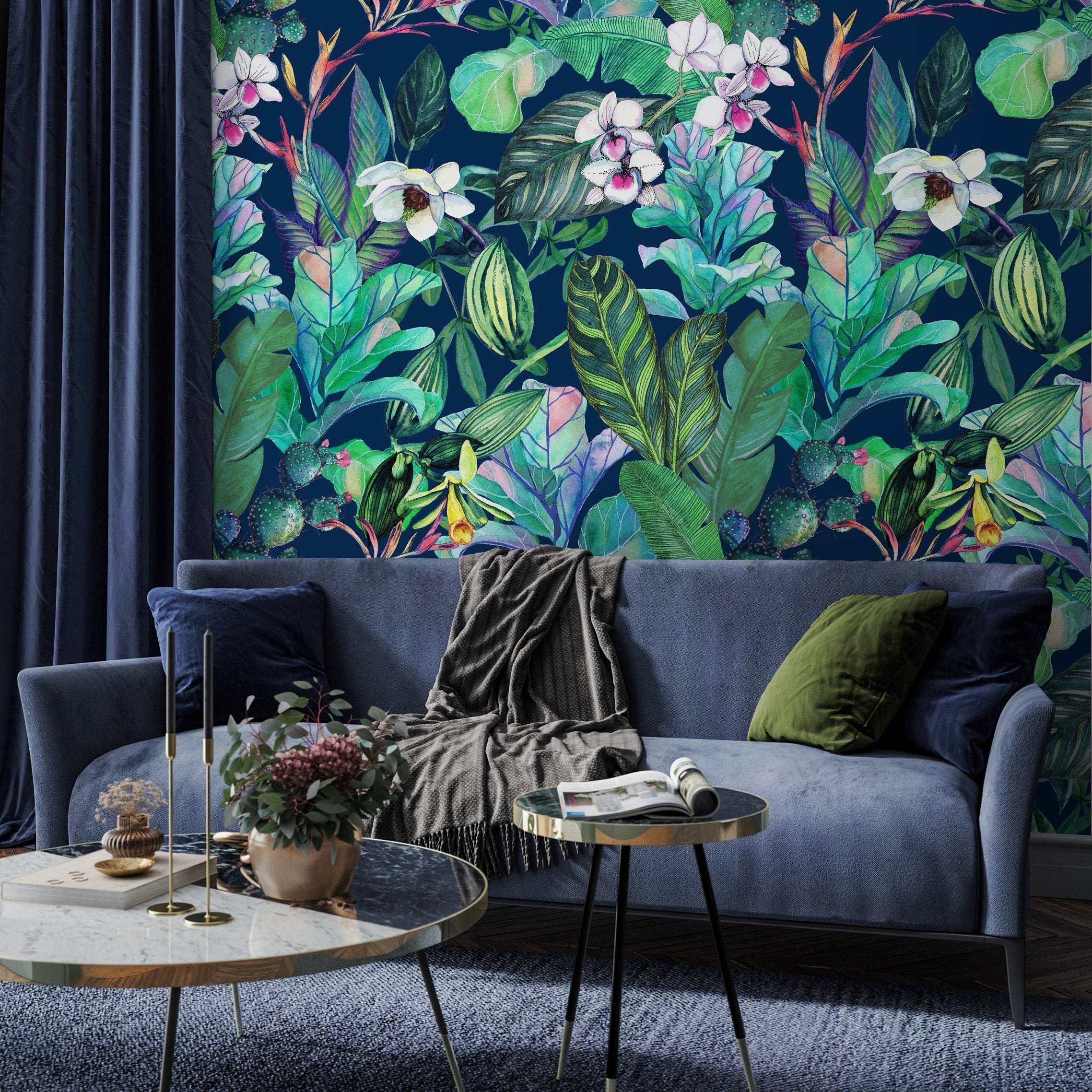 Tropical Wallpaper With Orchids And Jungle Leaves In Navy, Green, And Pink - B141