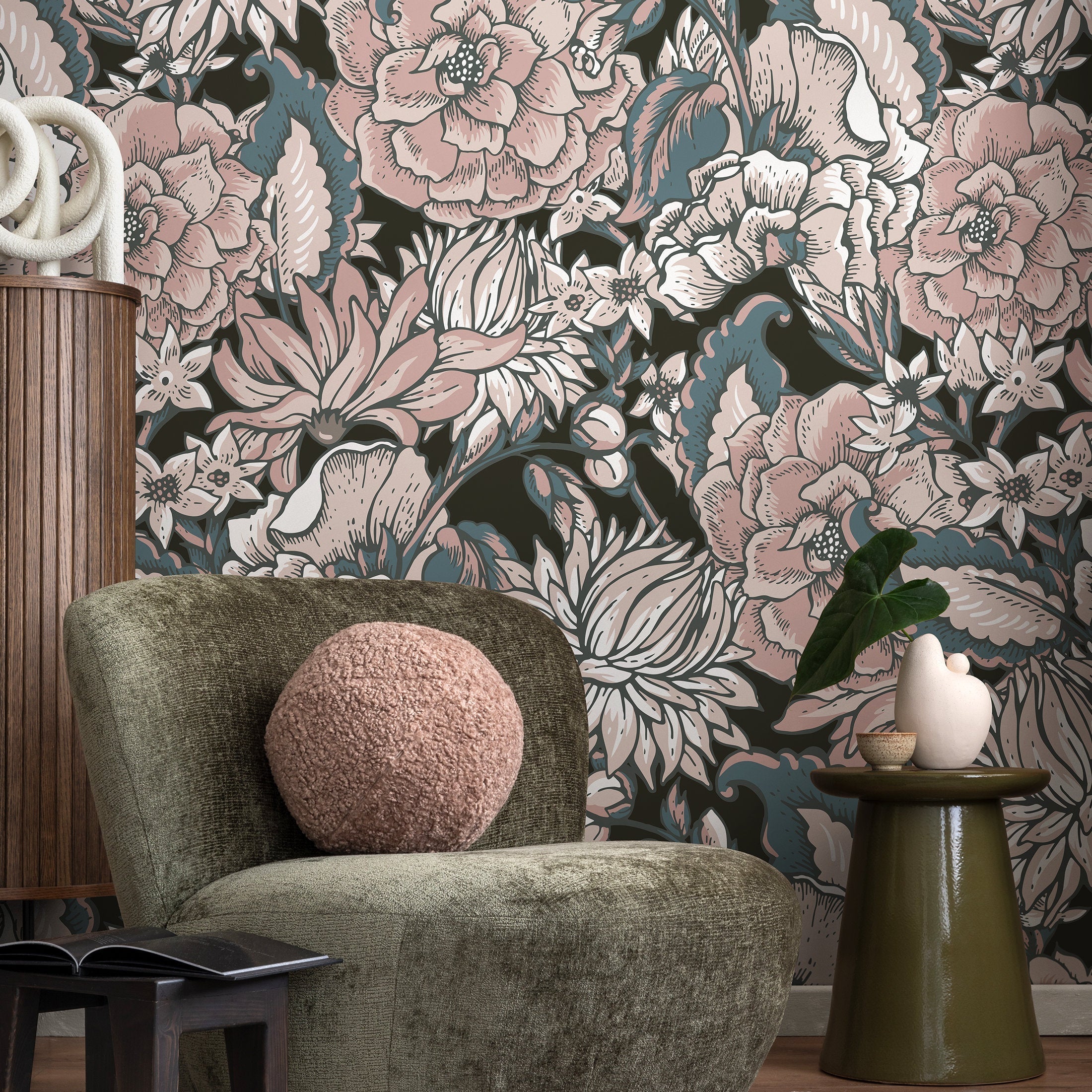 Floral Wallpaper With A Vintage Etched Motif In Pink, Slate Blue, And Black - B164