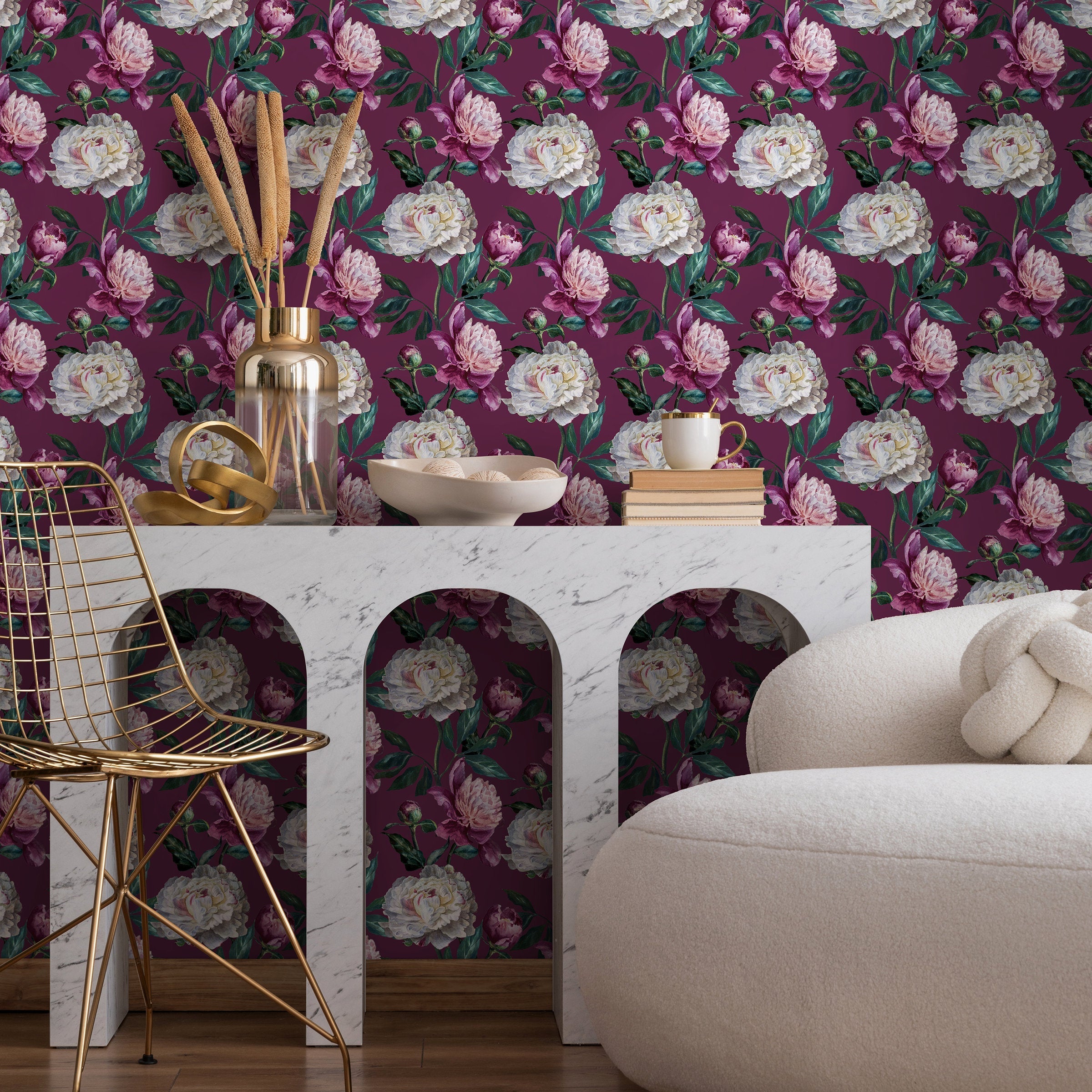 Floral Wallpaper With Painted Peonies In Purple, Pink, And White - B183