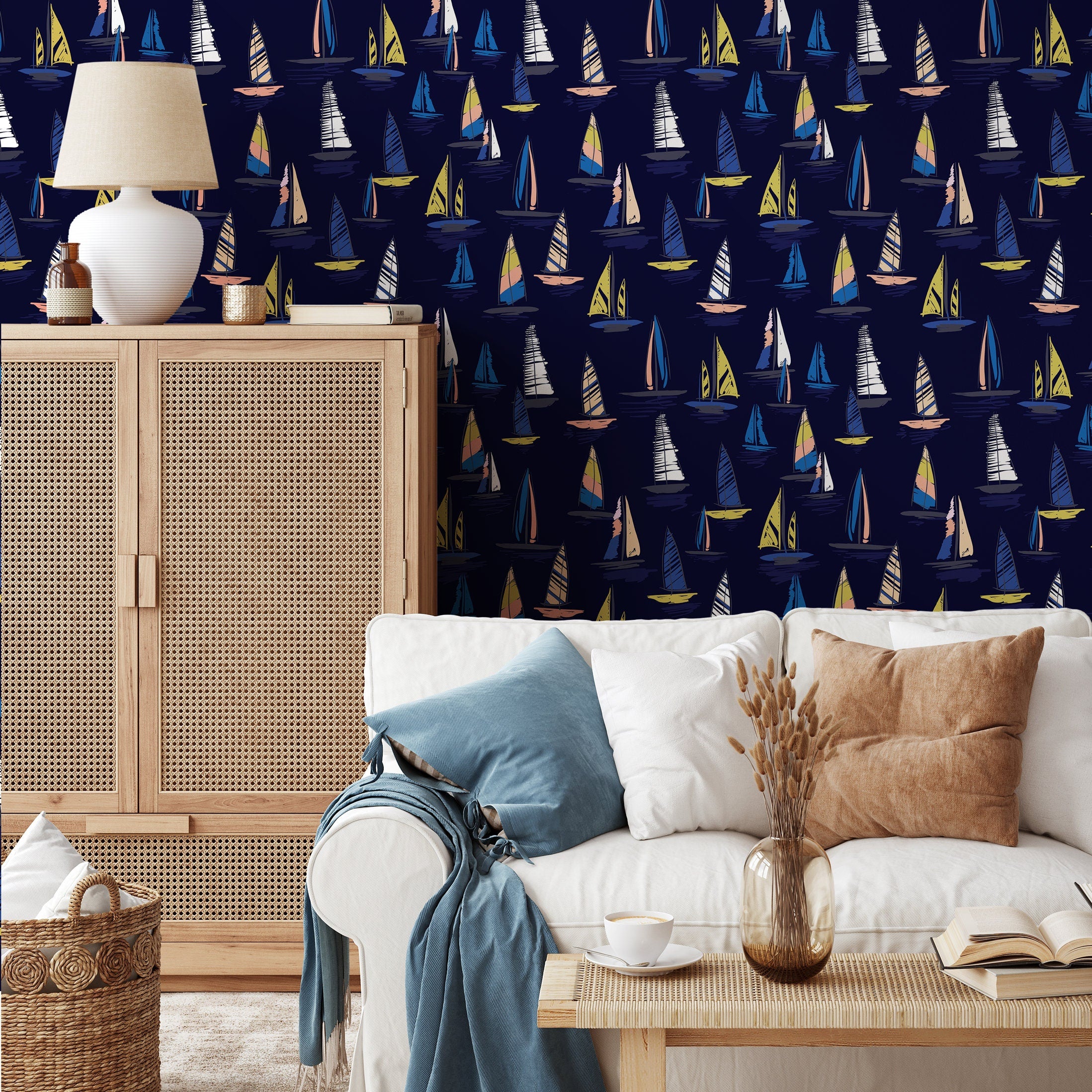 Nautical Wallpaper Featuring A Fleet Of Sailboats In Navy Blue, Yellow, And Pink - B244