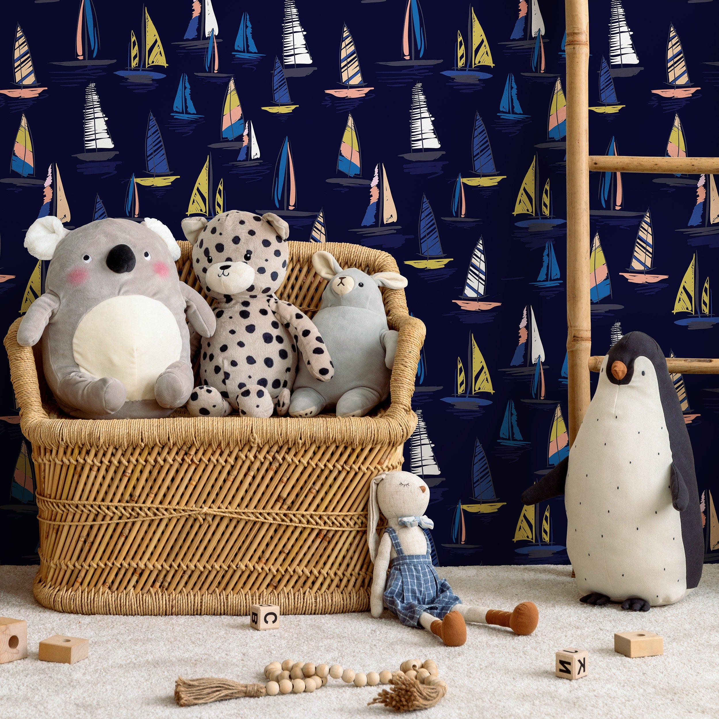 Nautical Wallpaper Featuring A Fleet Of Sailboats In Navy Blue, Yellow, And Pink - B244