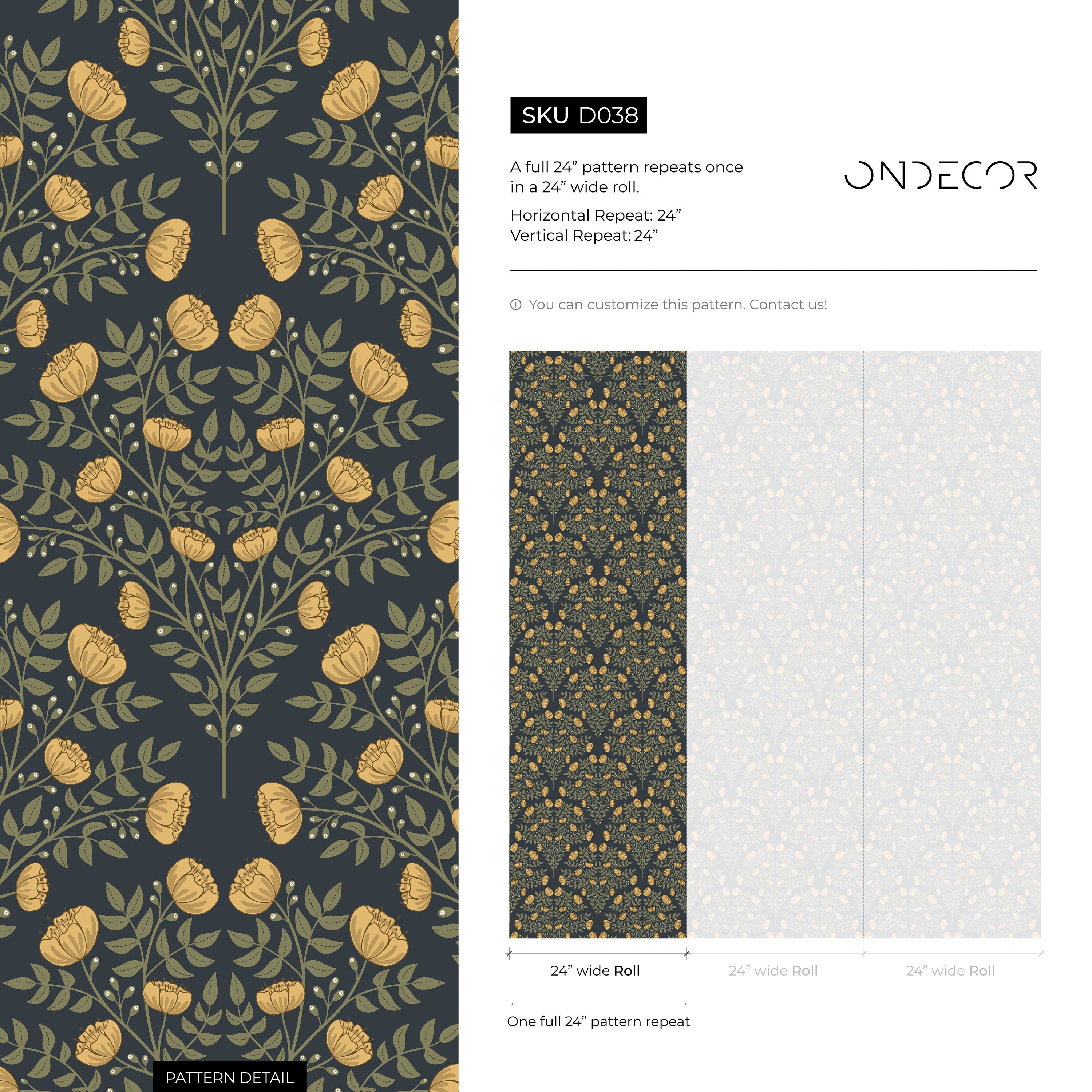 Art Nouveau Wallpaper With A Stylized Floral Motif In Dark Blue And Gold - D038