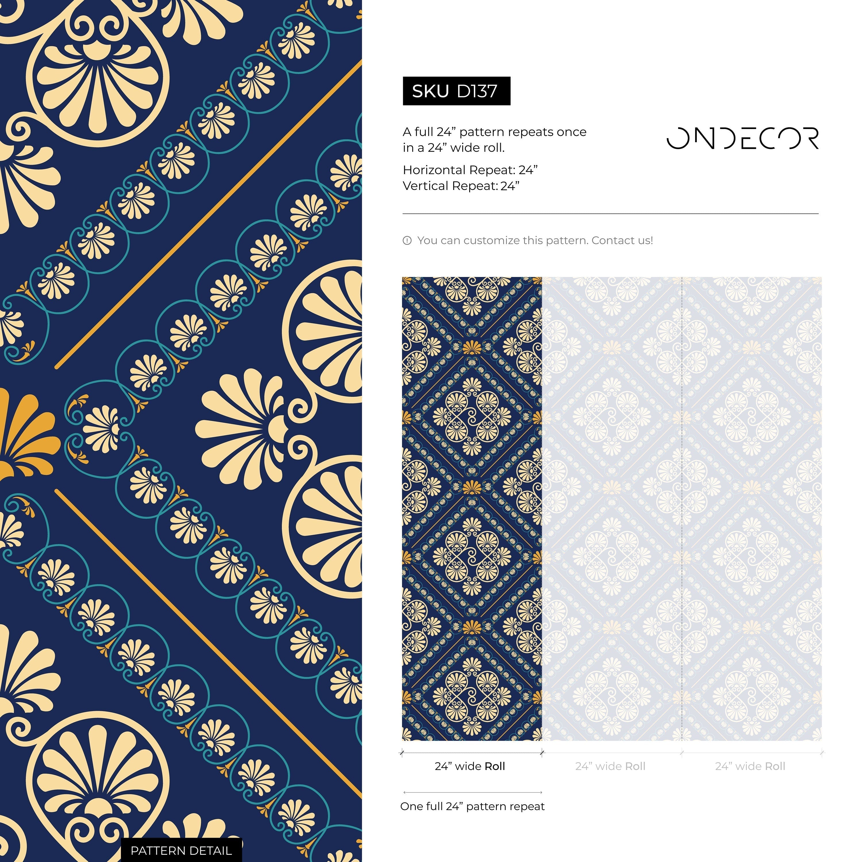 Art Deco Wallpaper With Ornate Tile Motifs In Blue And Gold - D137