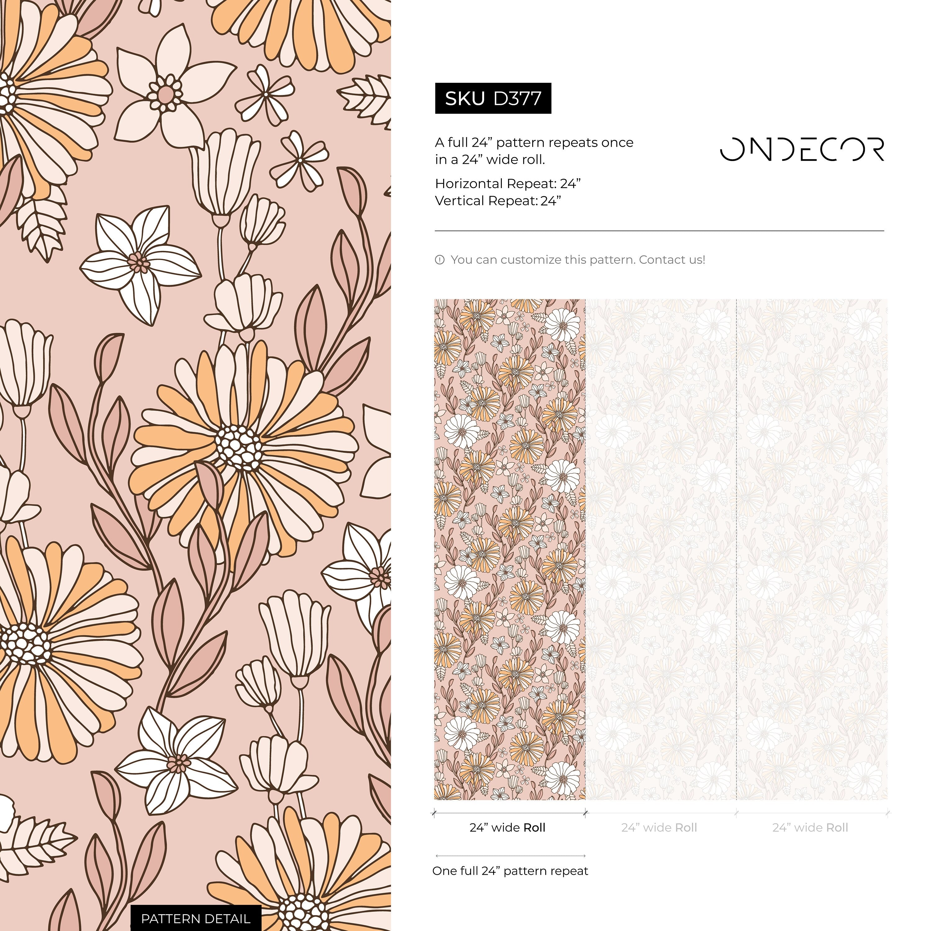 Floral Wallpaper With A Retro Daisy Motif In Pink, Yellow, And White - D377