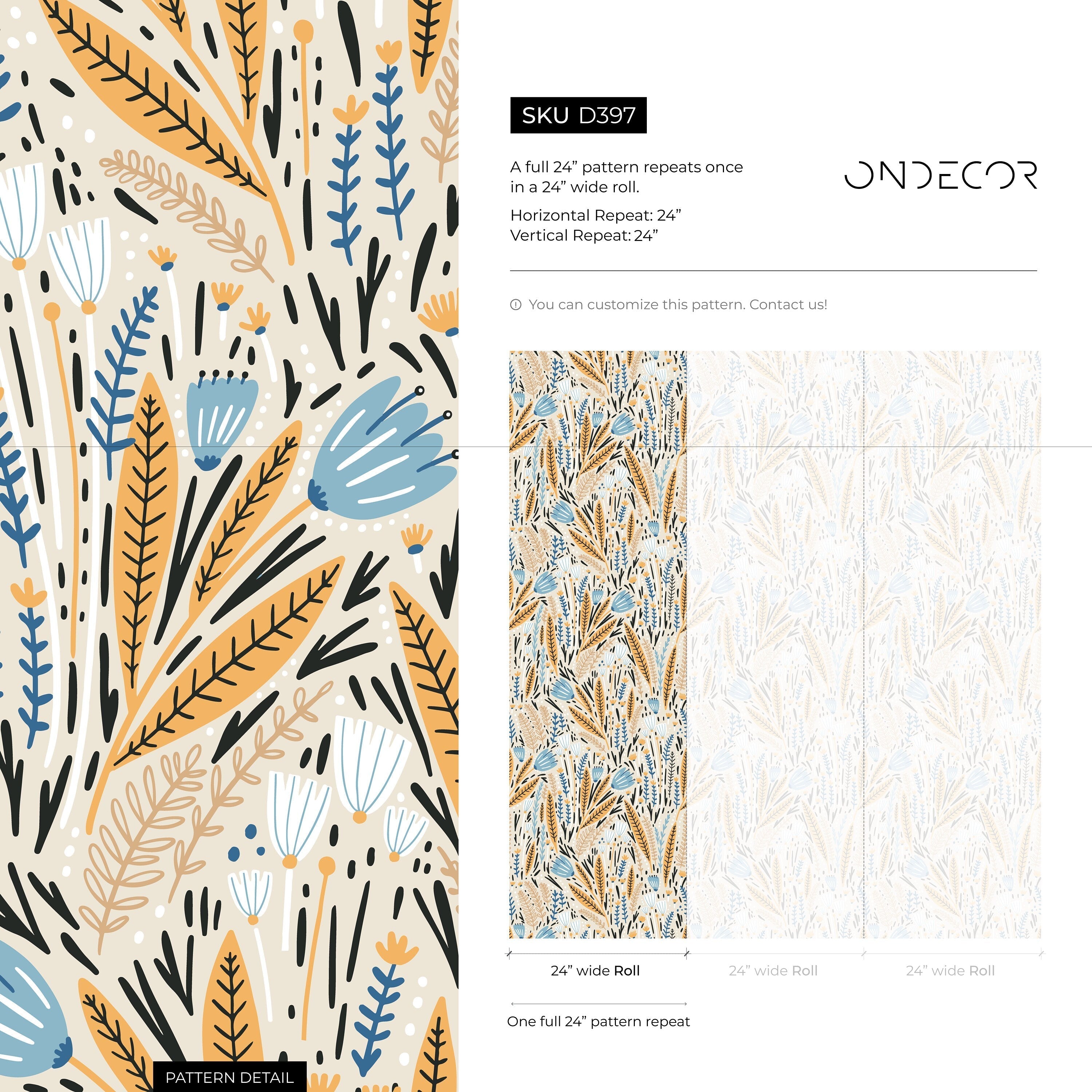 Floral Wallpaper With A Scandinavian Meadow Motif In Blue, Yellow, And Black - D397
