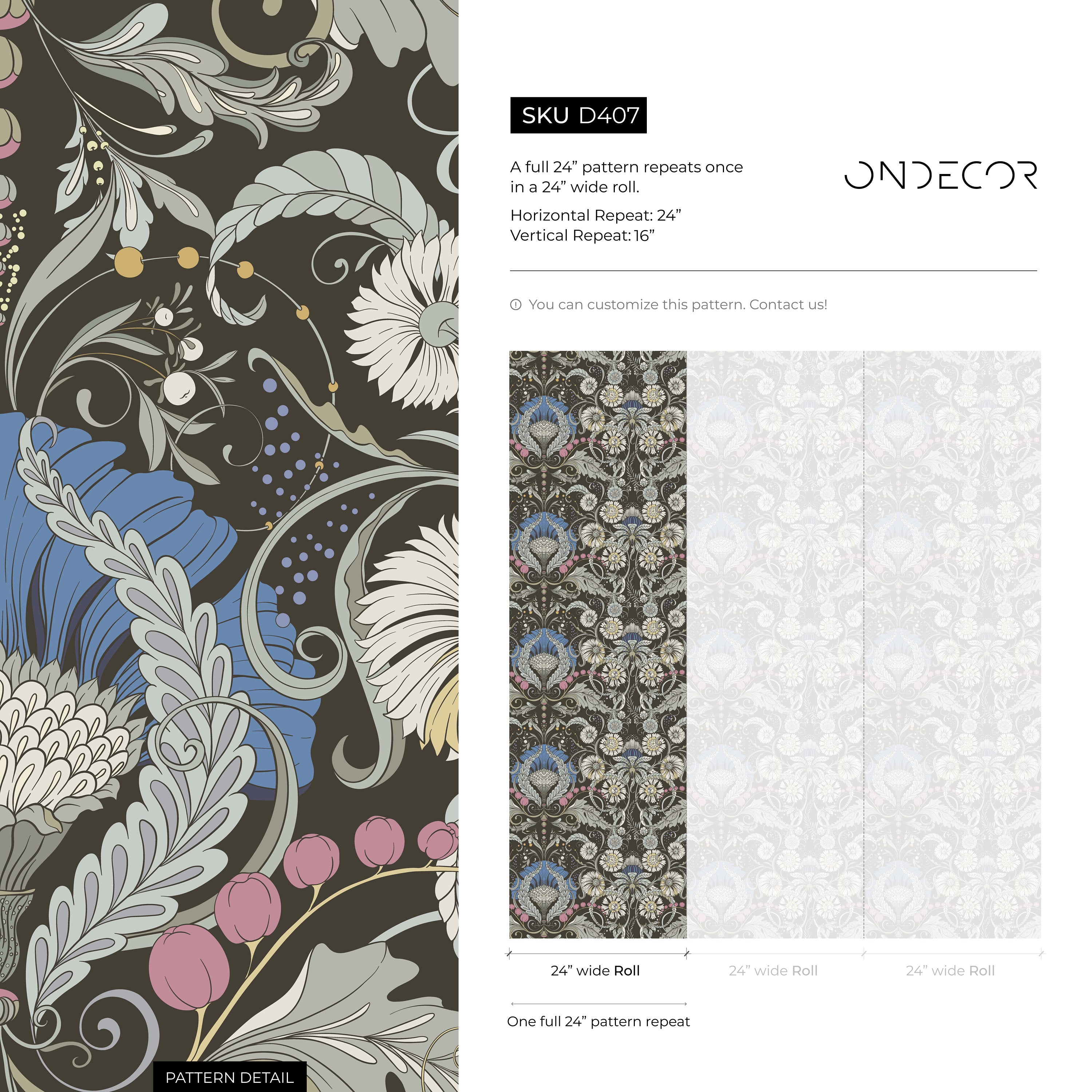 Art Nouveau Wallpaper With A Floral Damask Motif In Brown, Blue, And Pink - D407
