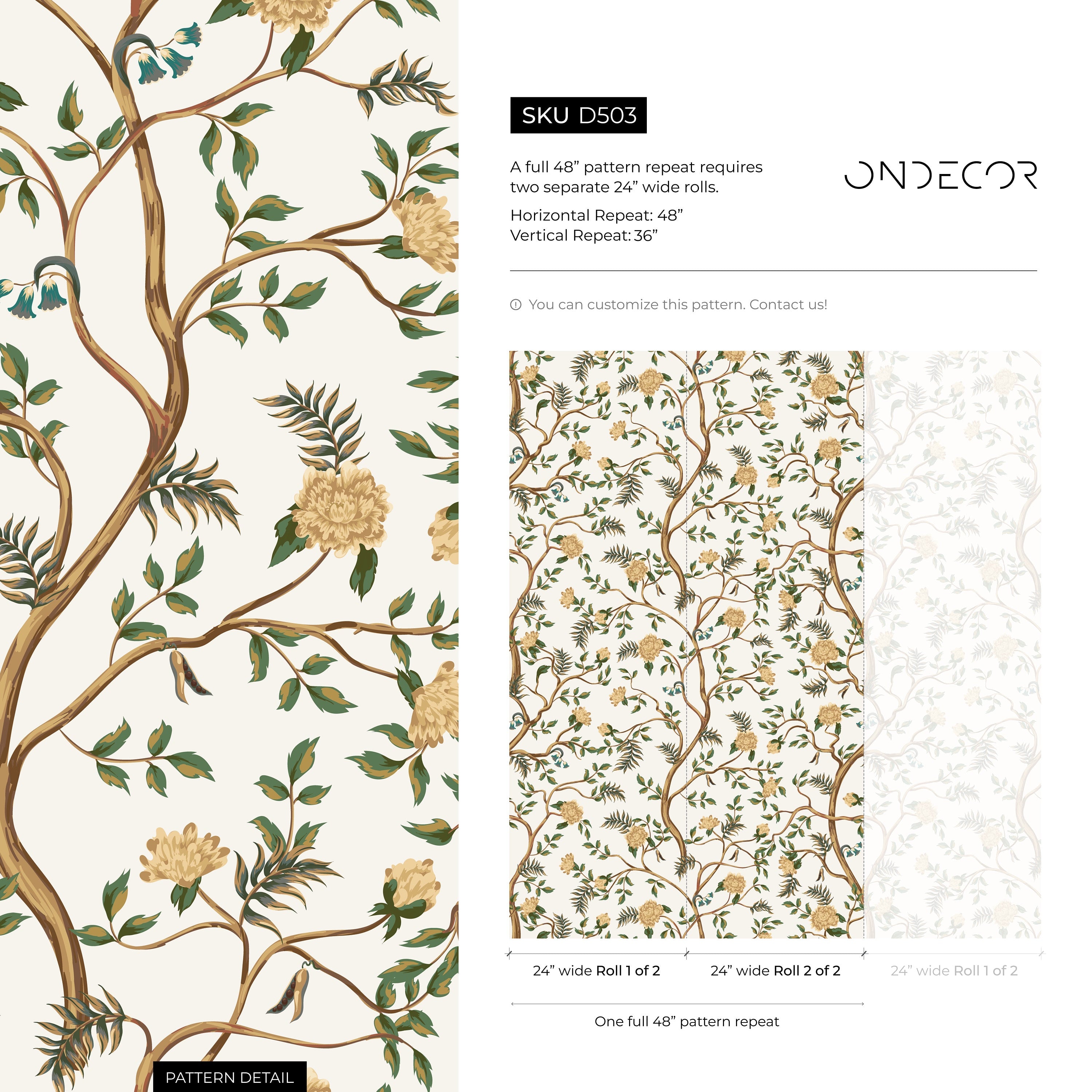 Chinoiserie Wallpaper With Winding Floral Branches In Gold, Green, And Blue - D503
