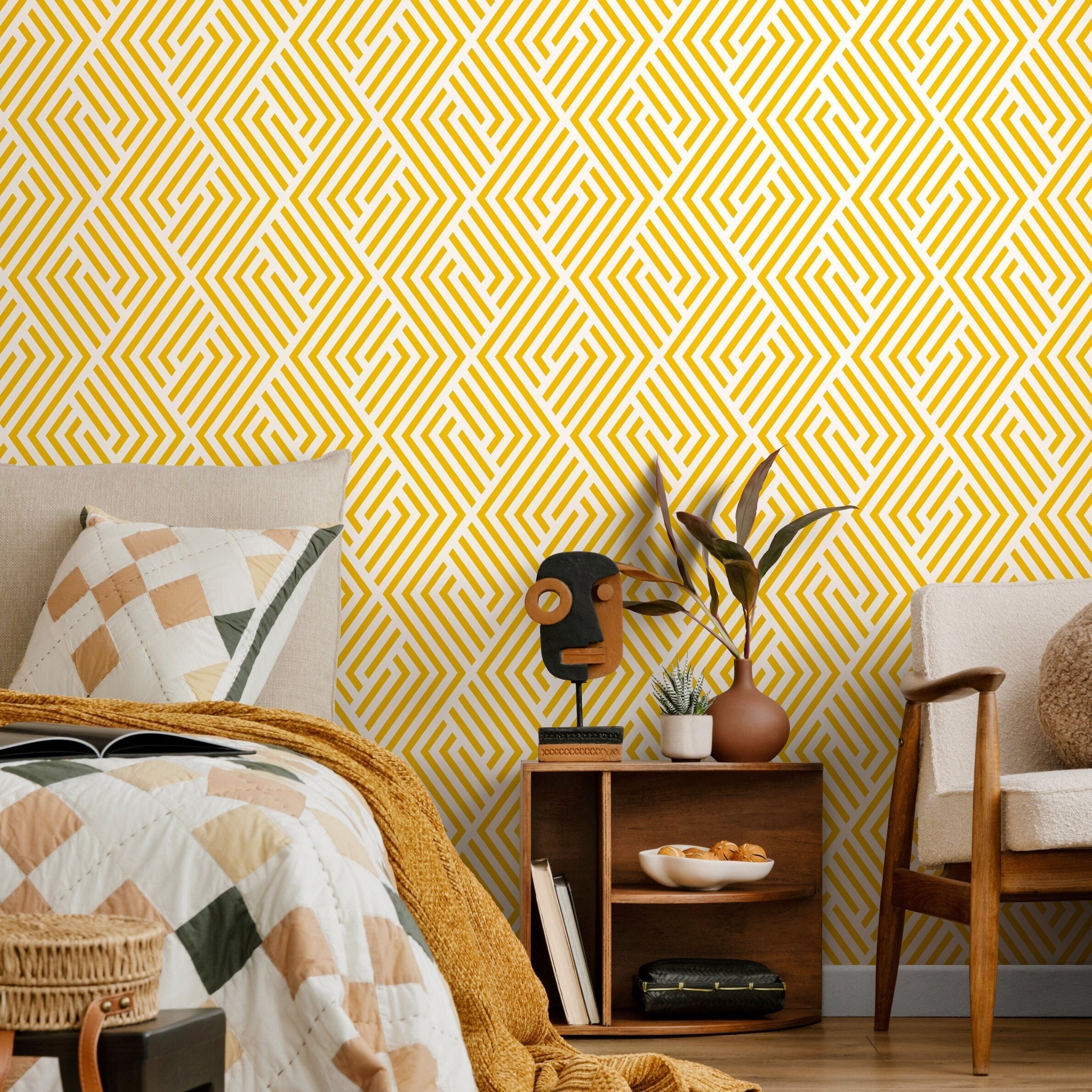 Geometric Wallpaper With A Minimalist Maze Motif In Yellow - B246