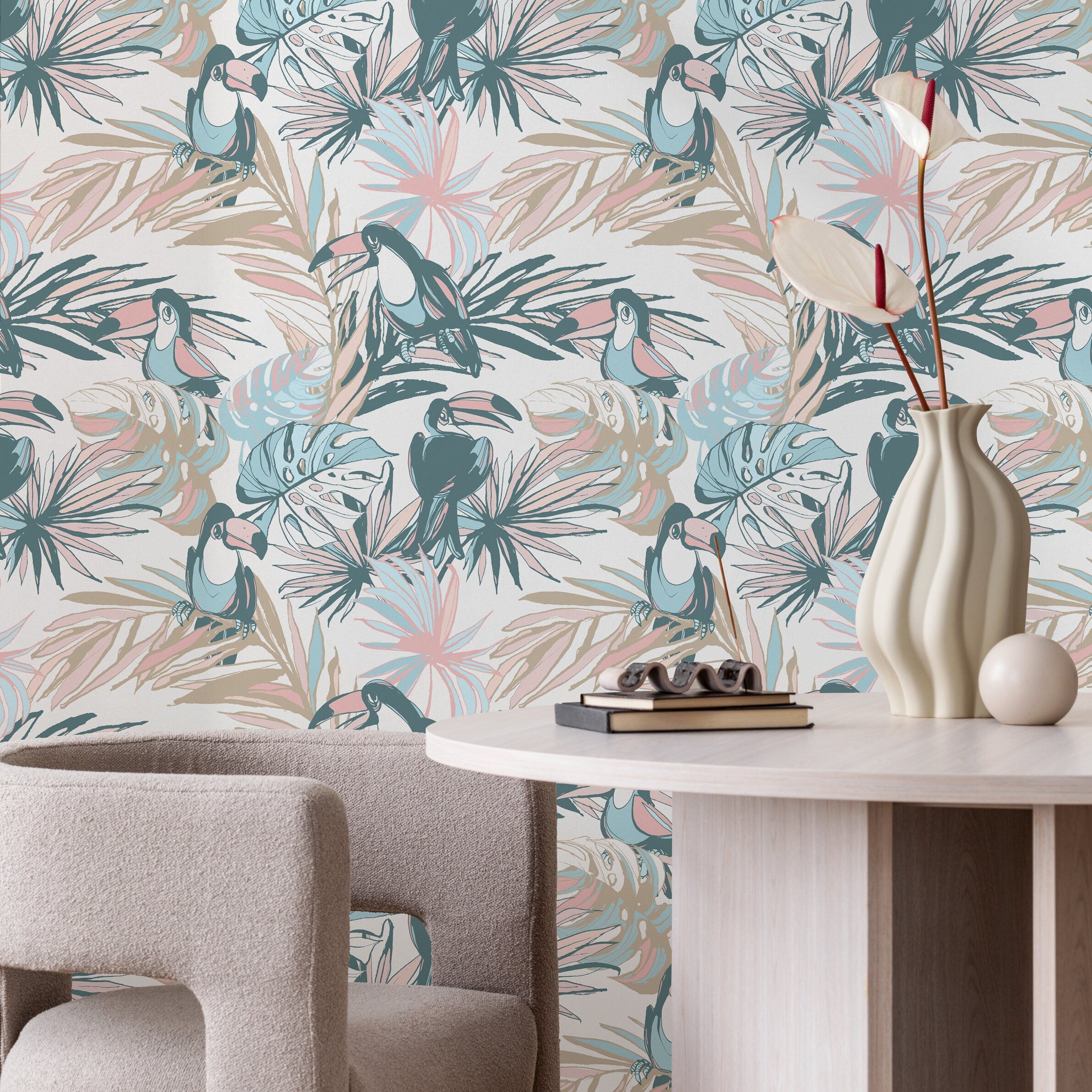 Tropical Wallpaper With Toucans And Palm Leaves In Teal, Pink, And Blue - B249
