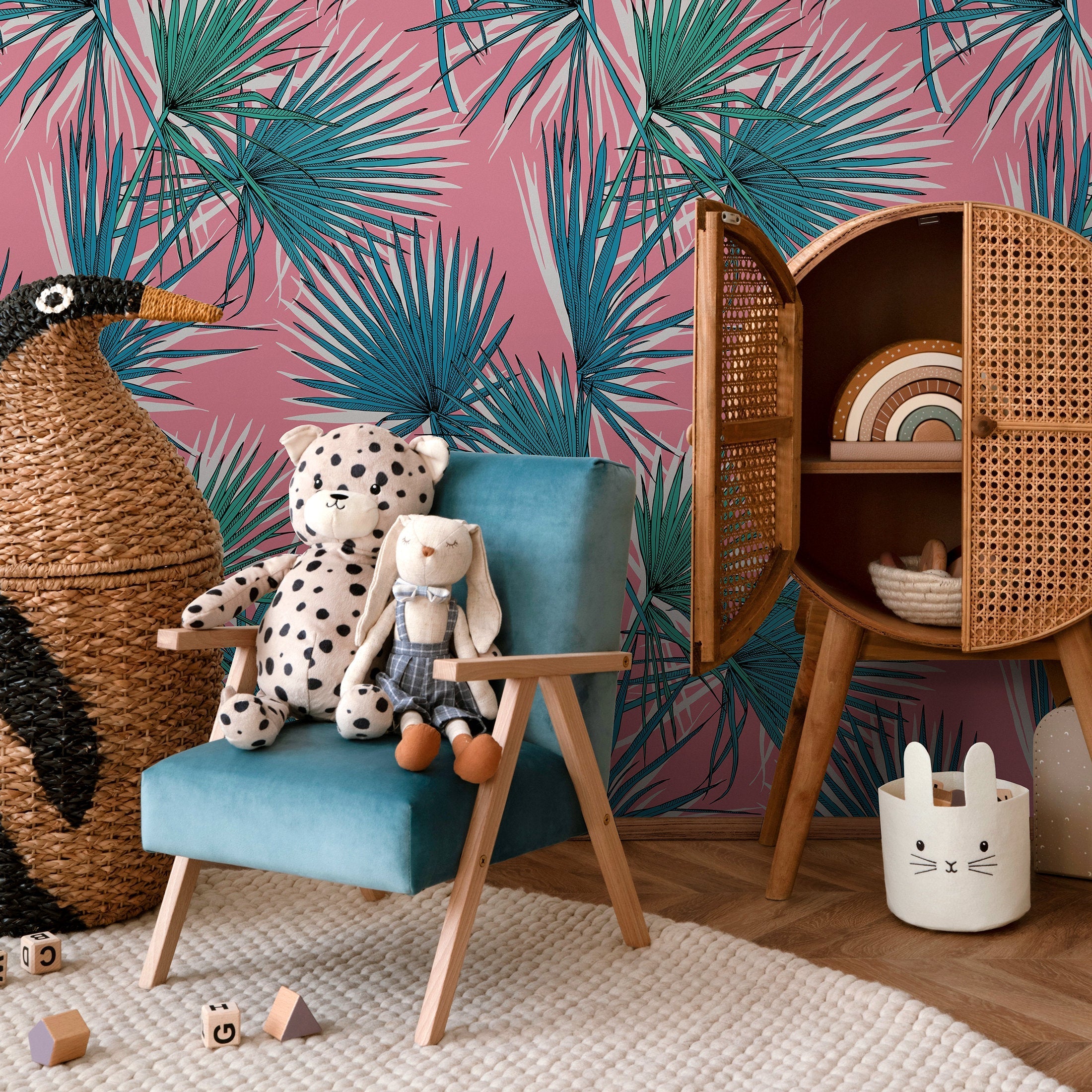 Tropical Wallpaper With Stylized Fan Palm Leaves In Pink, Teal, And Green - B251