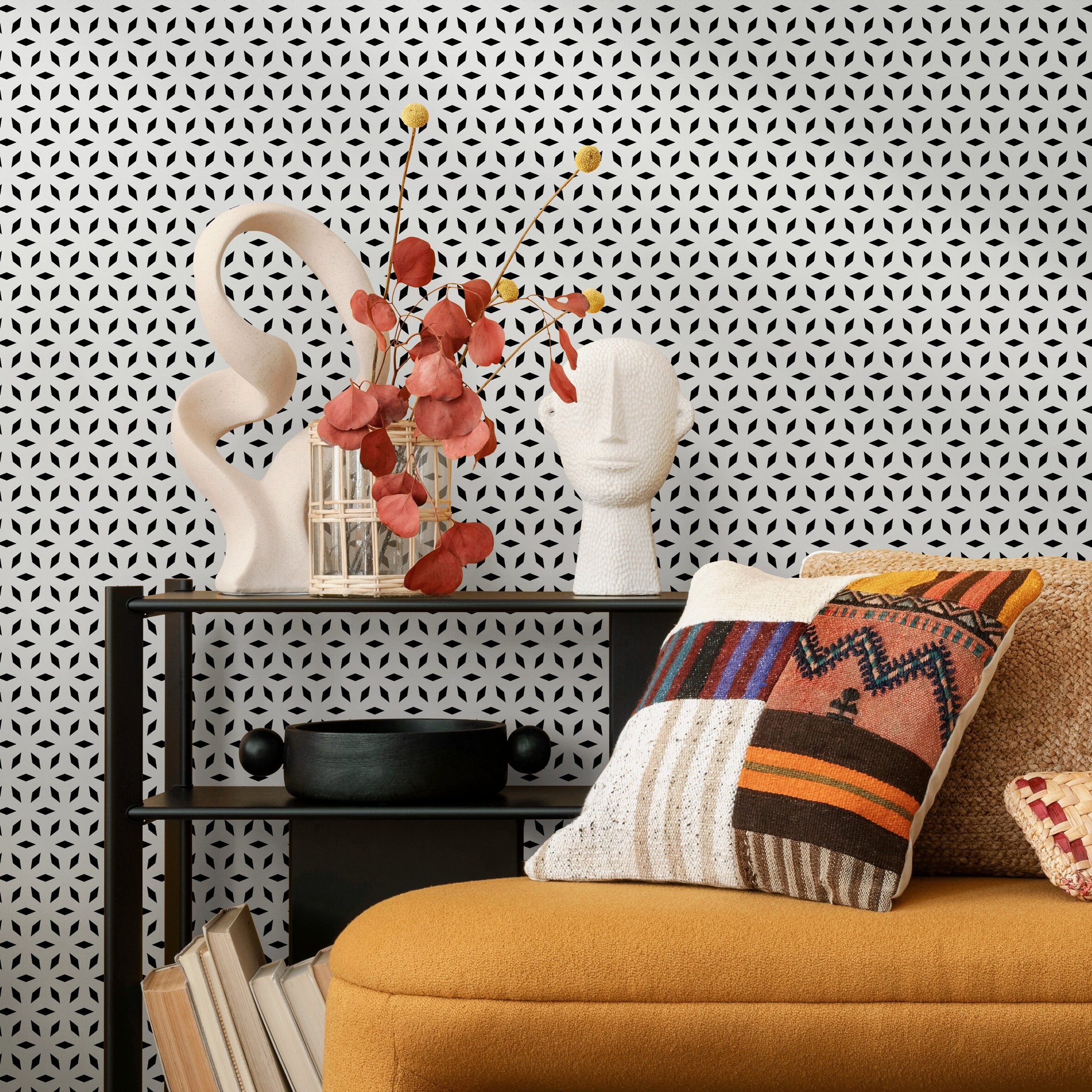 Geometric Wallpaper With A Repeating Starburst Motif In Black And White - B252