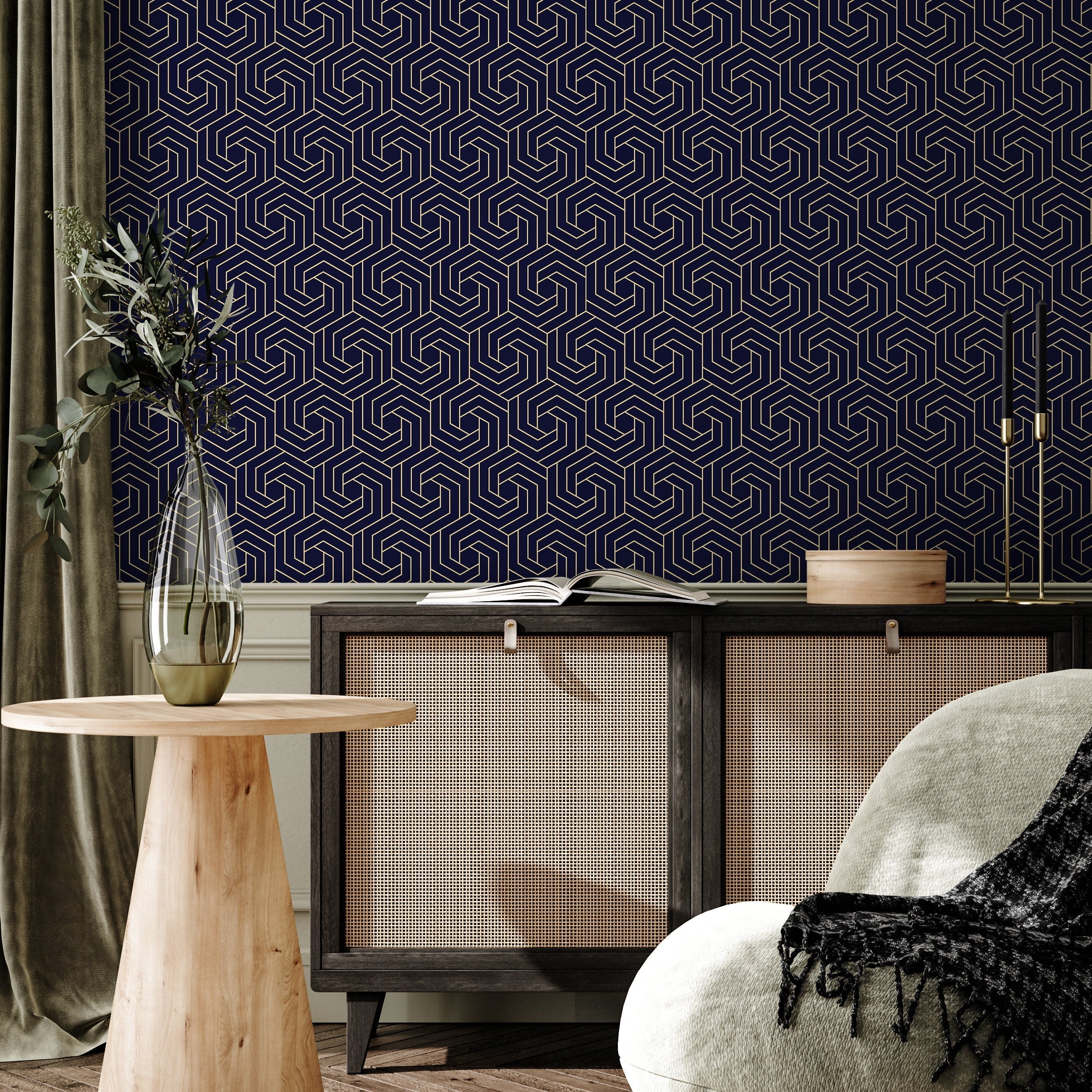 Art Deco Wallpaper With A Swirling Hexagonal Motif In Navy Blue And Gold - B255