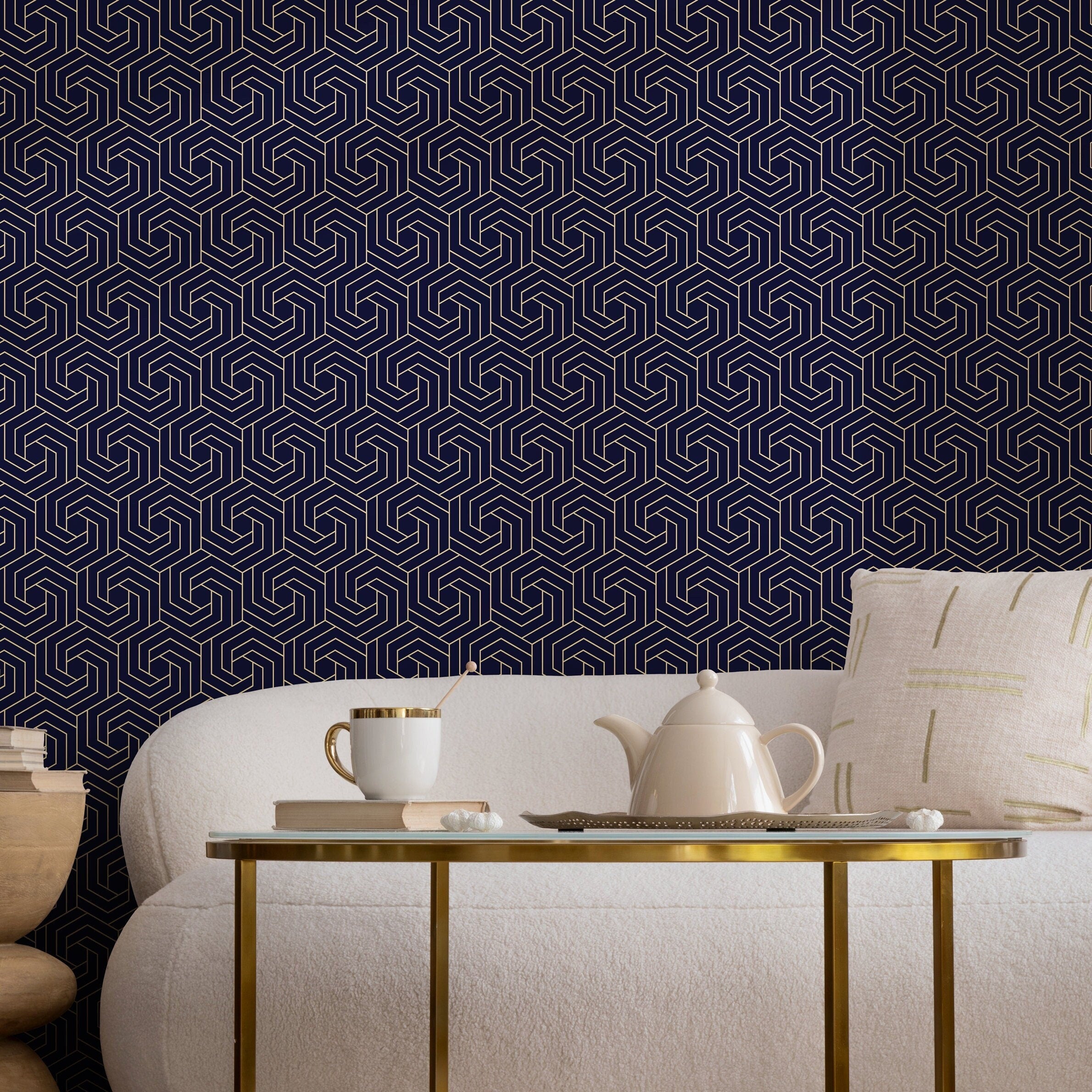 Art Deco Wallpaper With A Swirling Hexagonal Motif In Navy Blue And Gold - B255