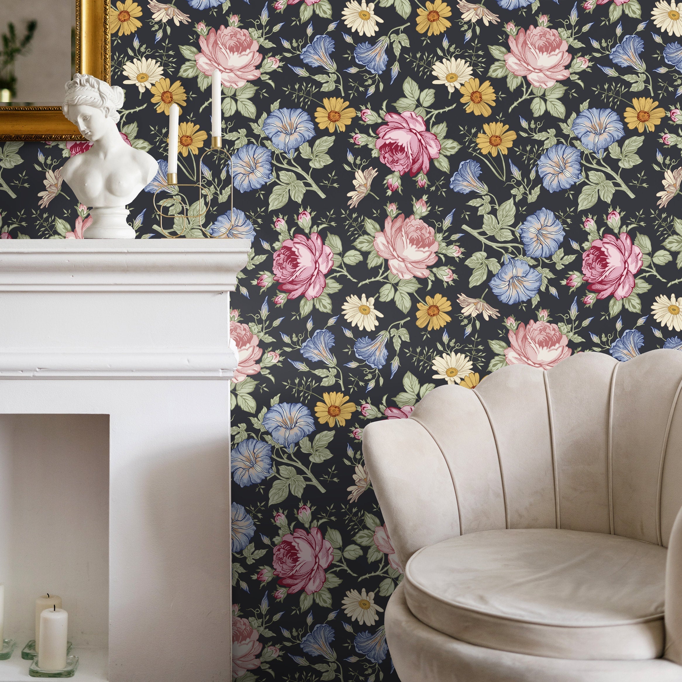 Floral Wallpaper Featuring Vintage Roses In Pink, Blue, And Yellow - B261