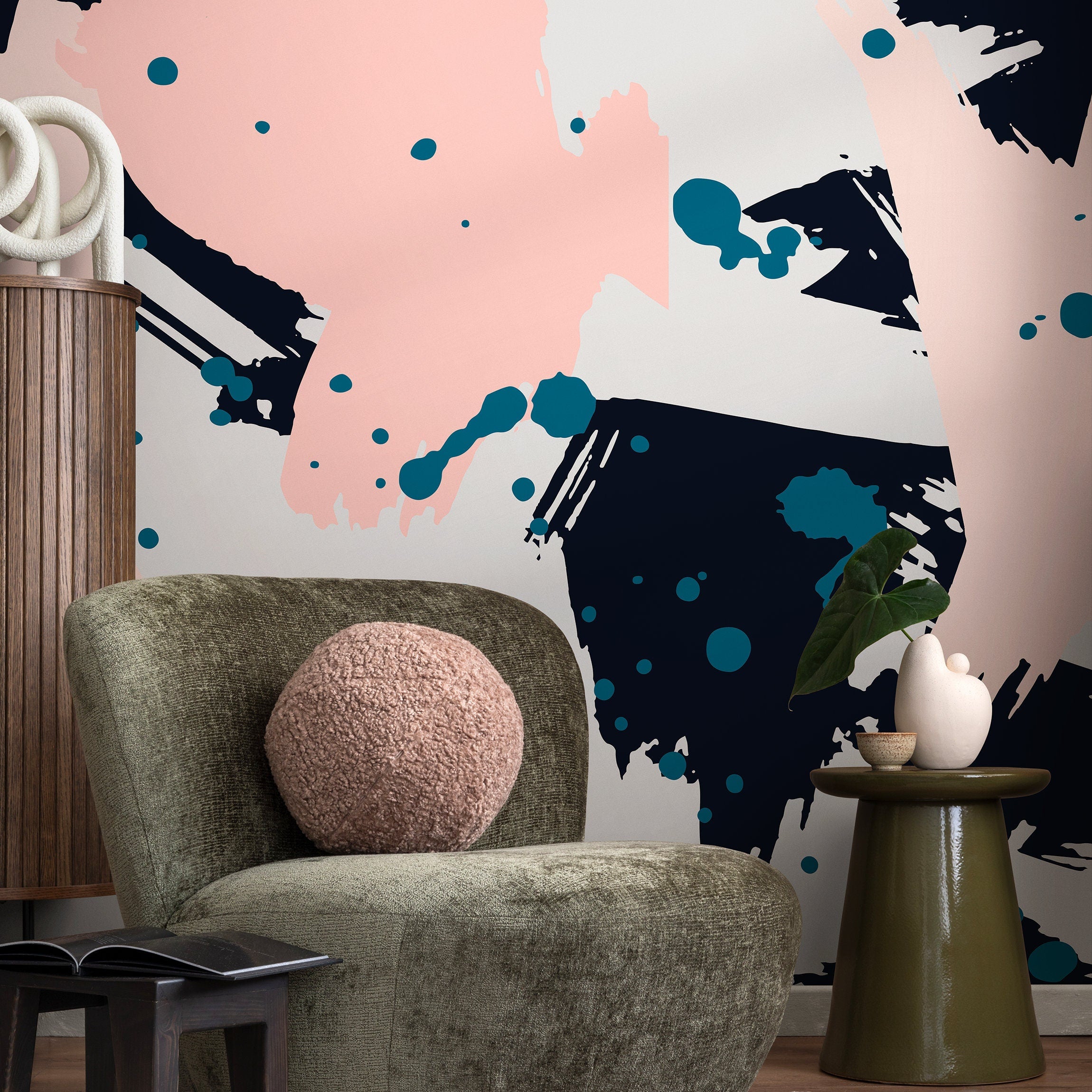 Abstract Wallpaper With Artistic Brush Strokes In Pink, Navy, And Teal - B263