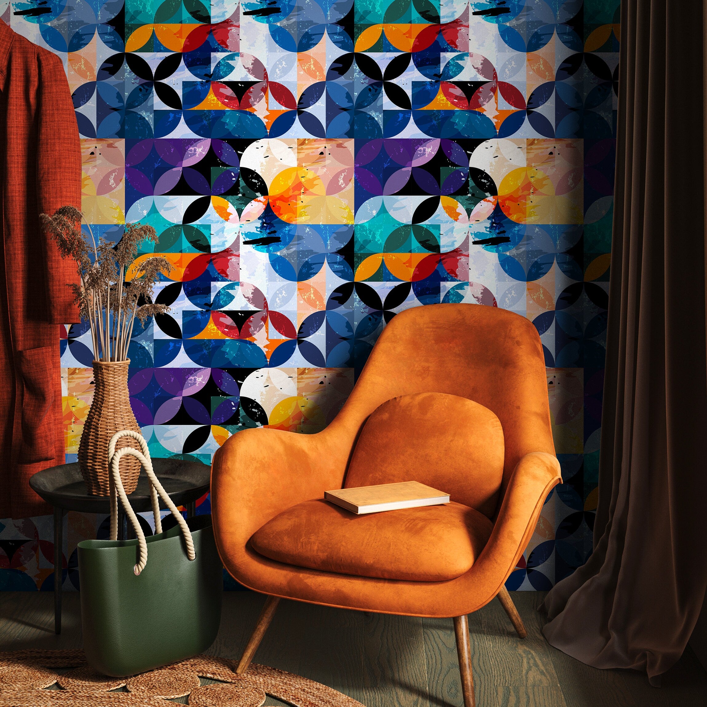 Geometric Wallpaper Featuring Overlapping Circles In Blue, Orange, And Black - B264