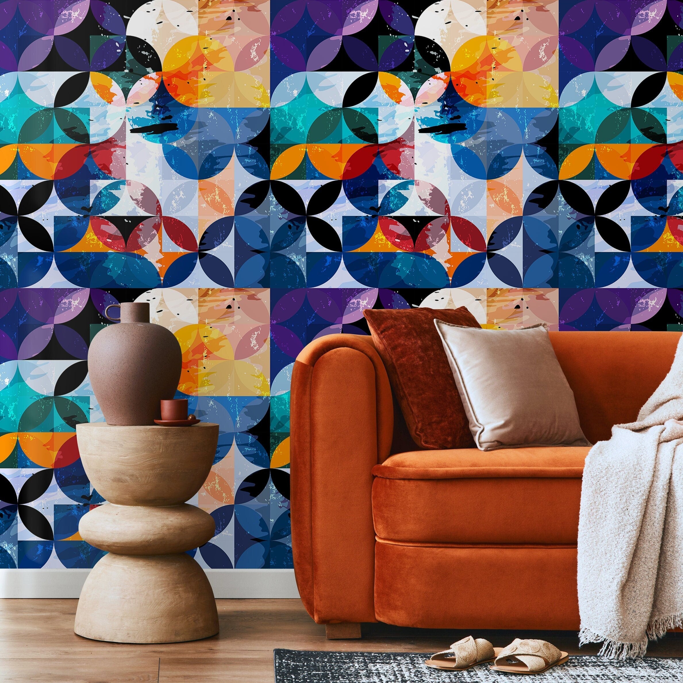 Geometric Wallpaper Featuring Overlapping Circles In Blue, Orange, And Black - B264