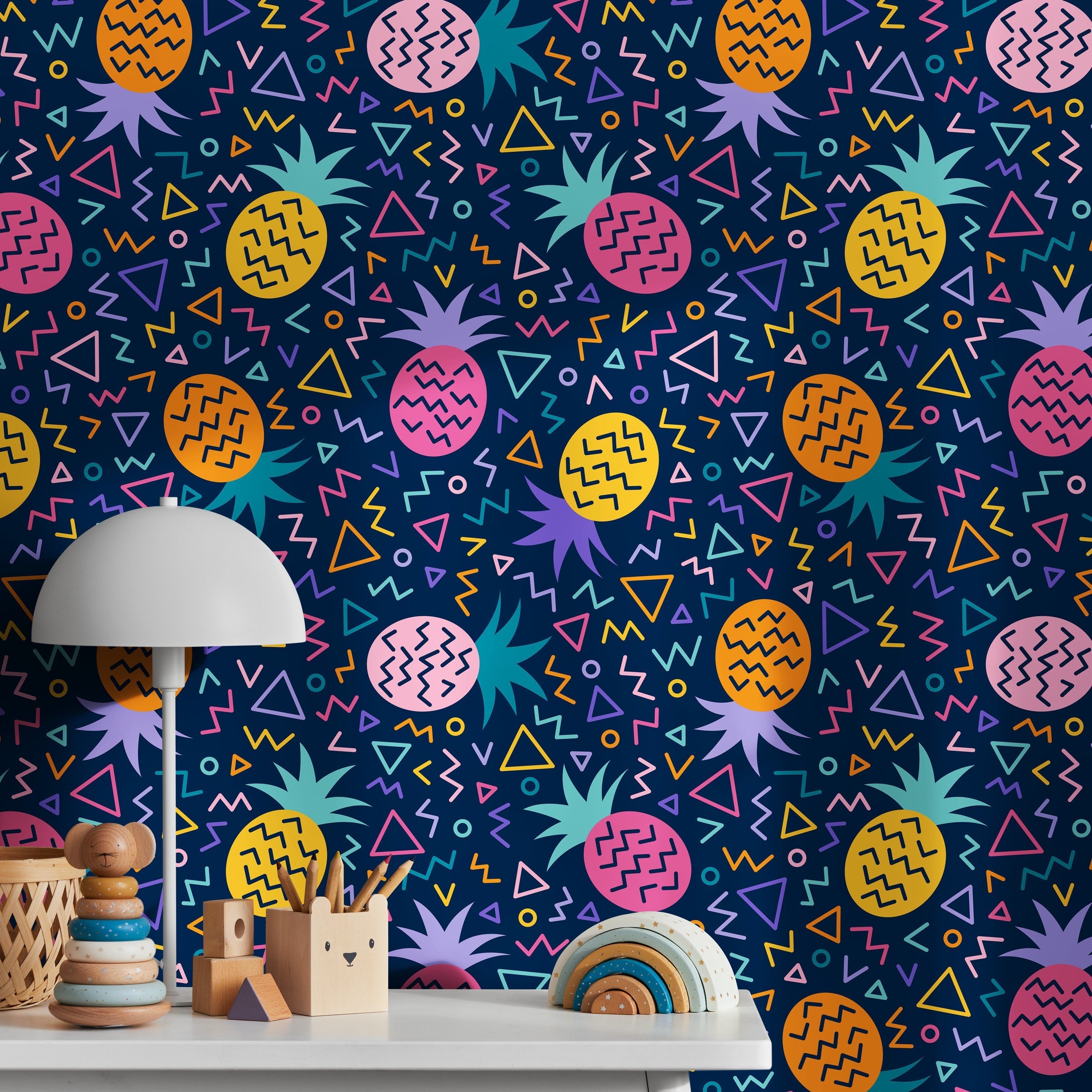 Geometric Wallpaper With A Retro Pineapple Motif In Pink, Orange, And Yellow - B267