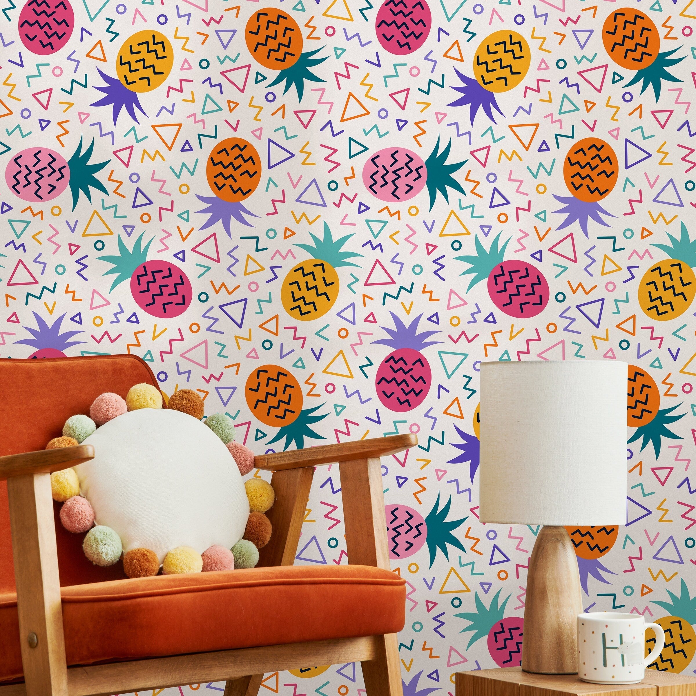Pineapple Wallpaper With Geometric Shapes In Pink, Orange, And Teal - B268