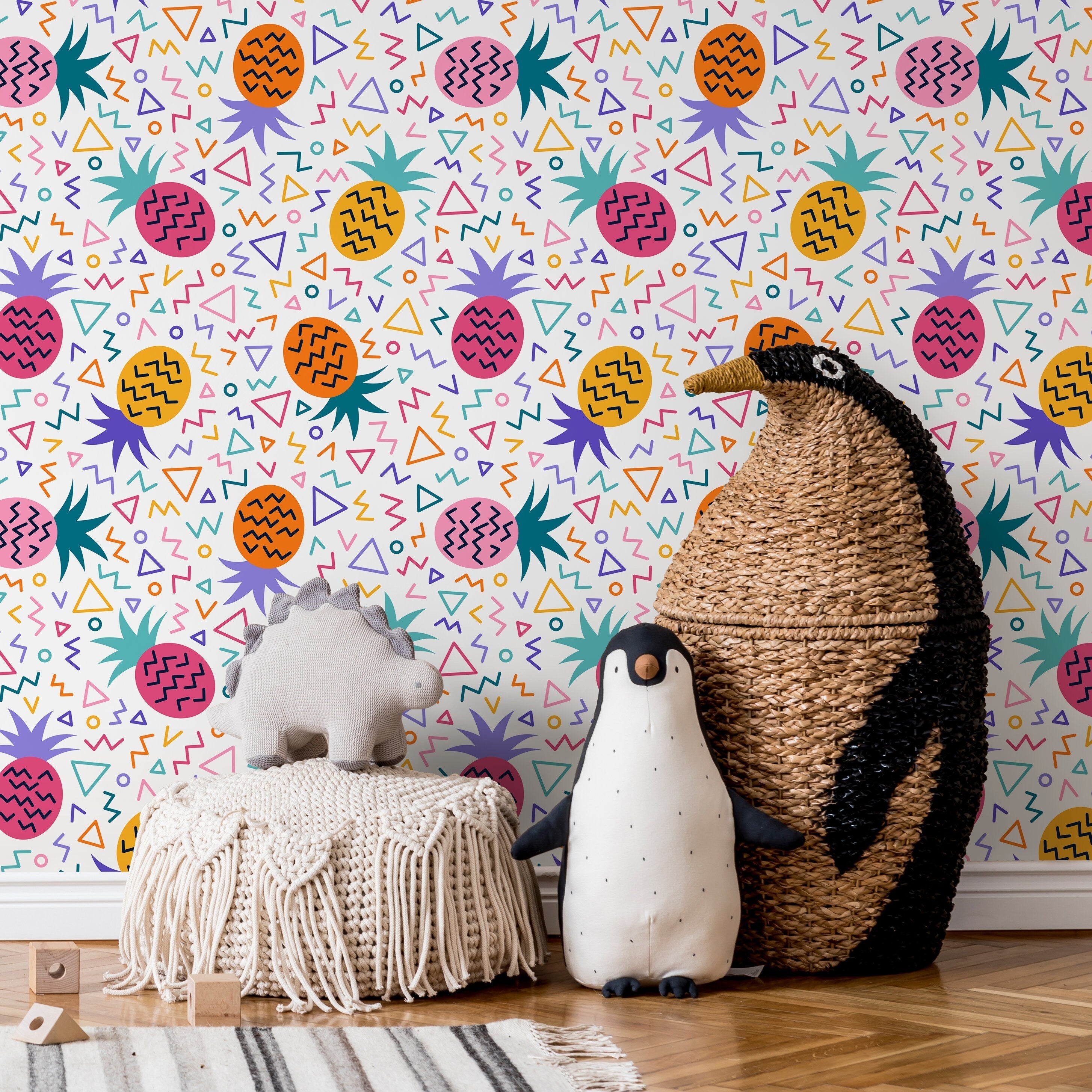 Pineapple Wallpaper With Geometric Shapes In Pink, Orange, And Teal - B268