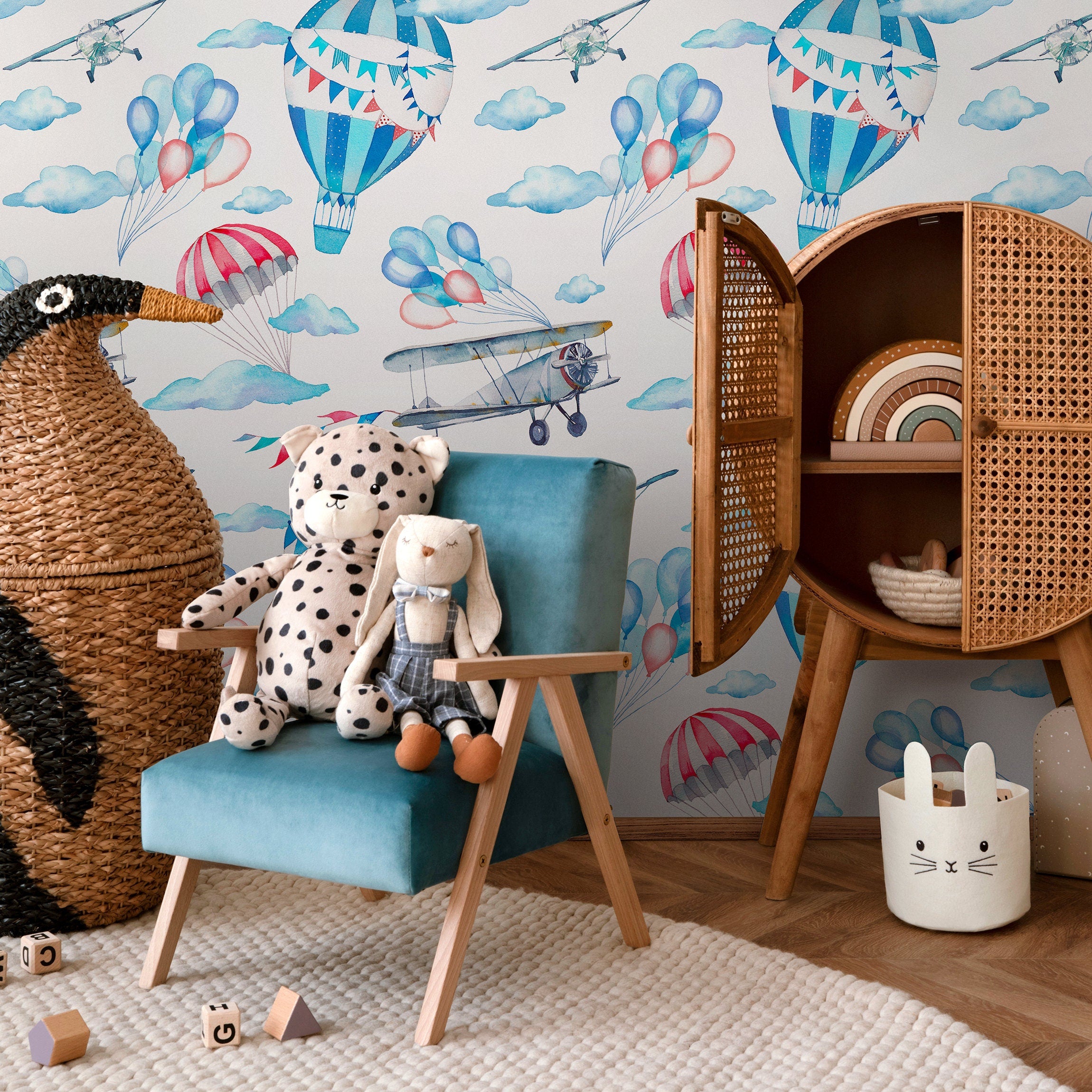 Kids Wallpaper With Airplanes And Hot Air Balloons In Blue And Red - B270