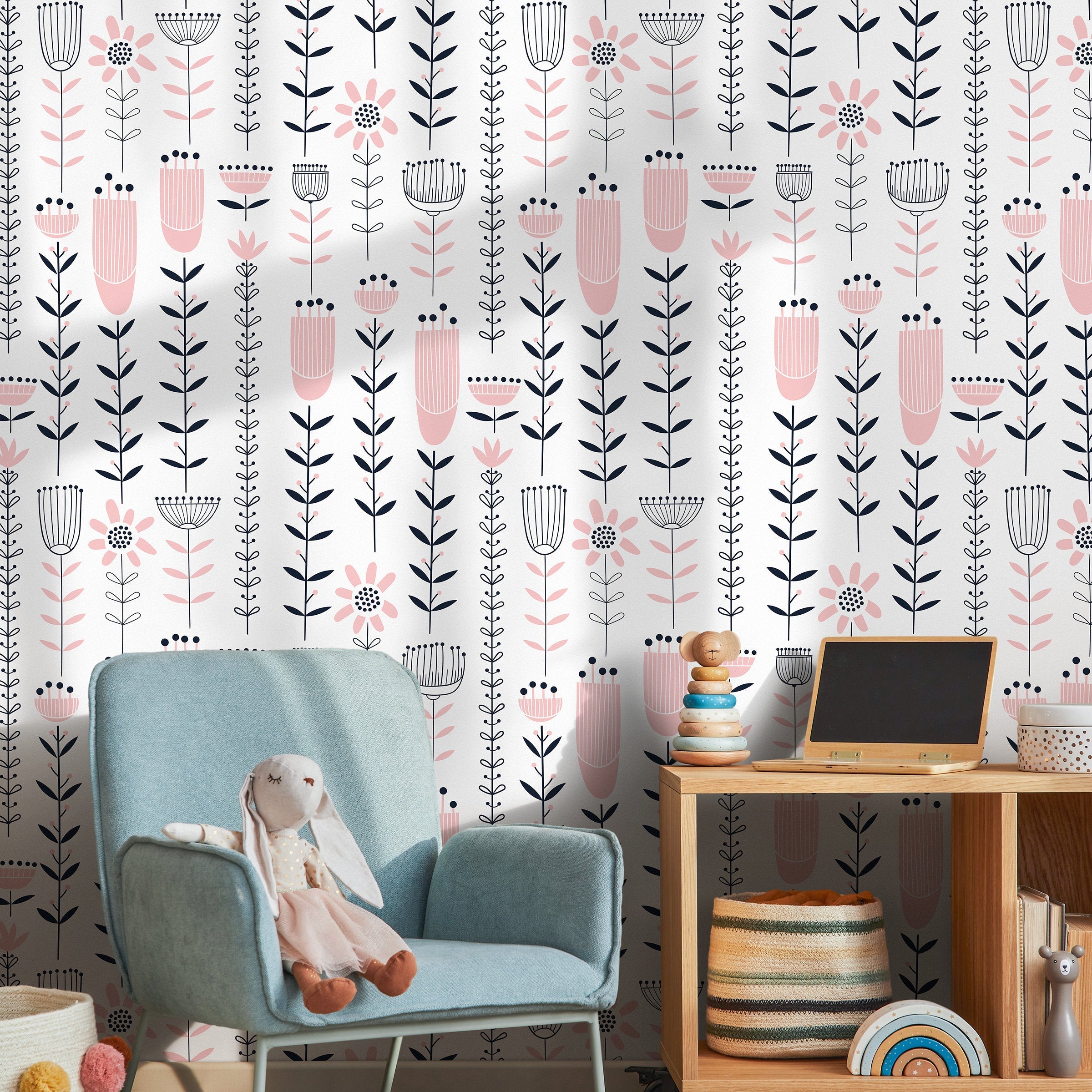 Floral Wallpaper With A Stylized Folk Art Motif In Pink And Black - B273