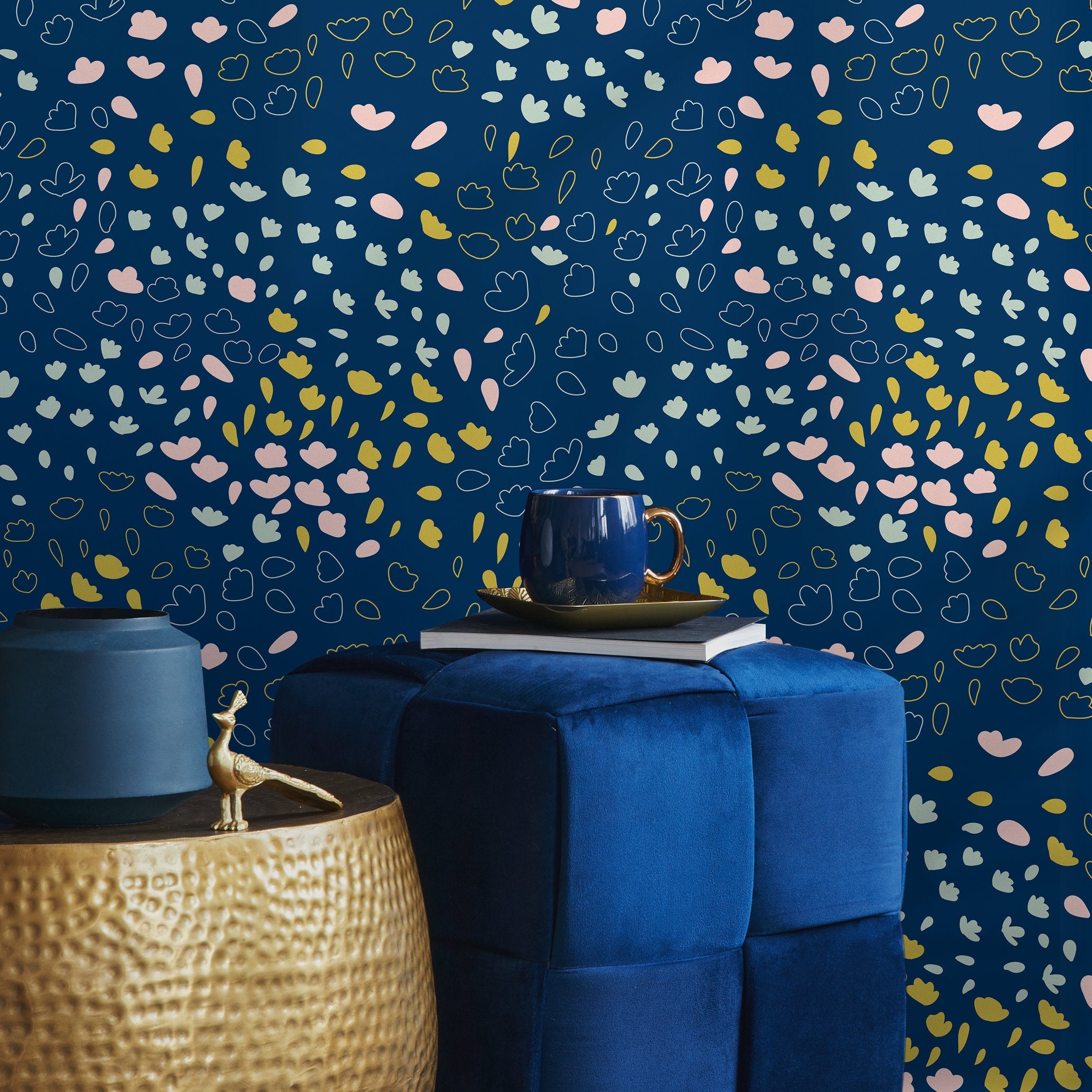 Abstract Wallpaper With Hand-drawn Florals In Blue, Yellow, And Pink - B422