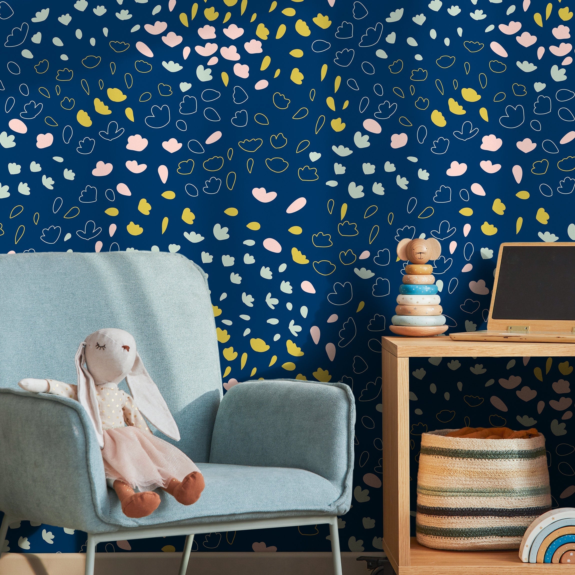 Abstract Wallpaper With Hand-drawn Florals In Blue, Yellow, And Pink - B422
