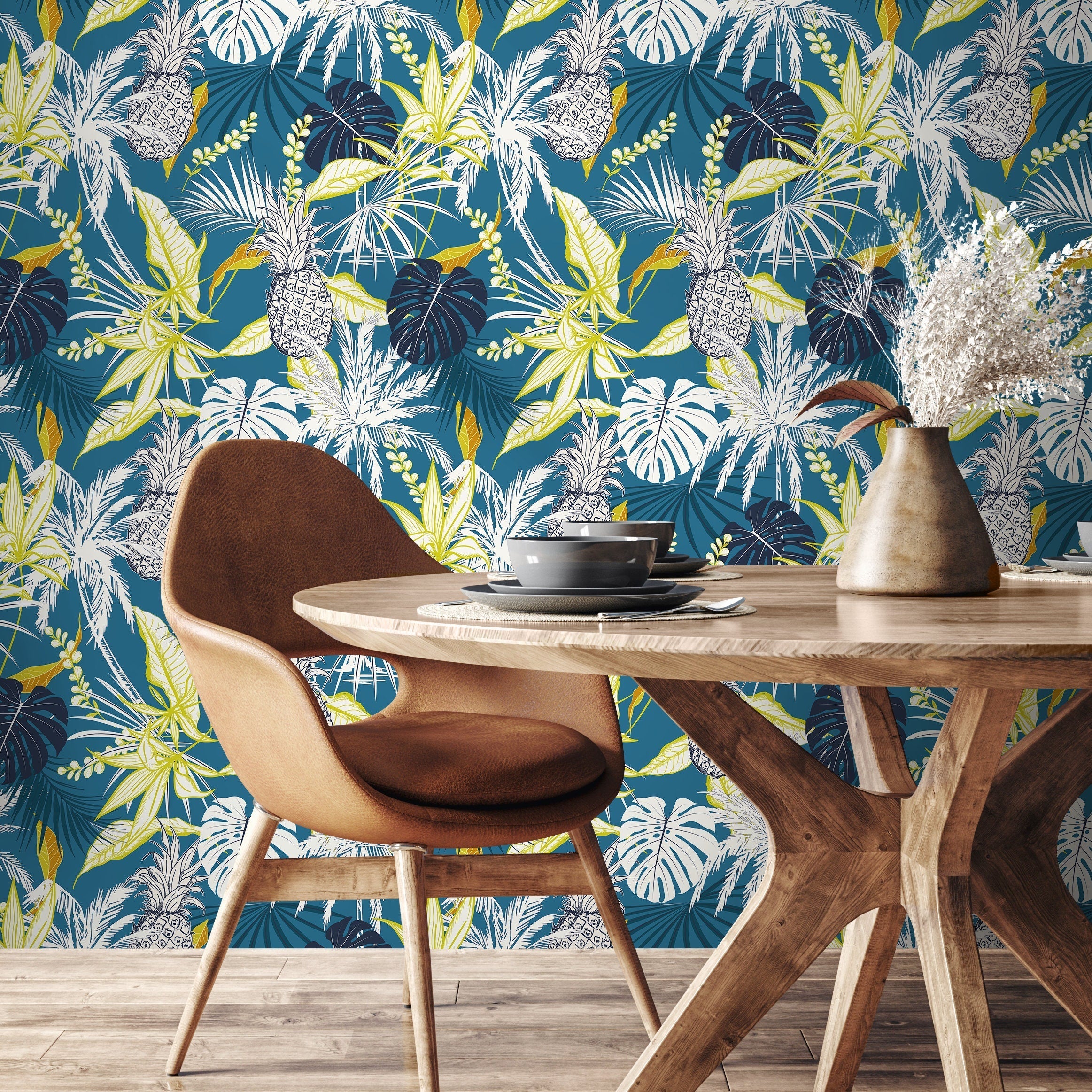 Tropical Wallpaper With Pineapples And Palm Leaves In Teal, Green, And White - B427