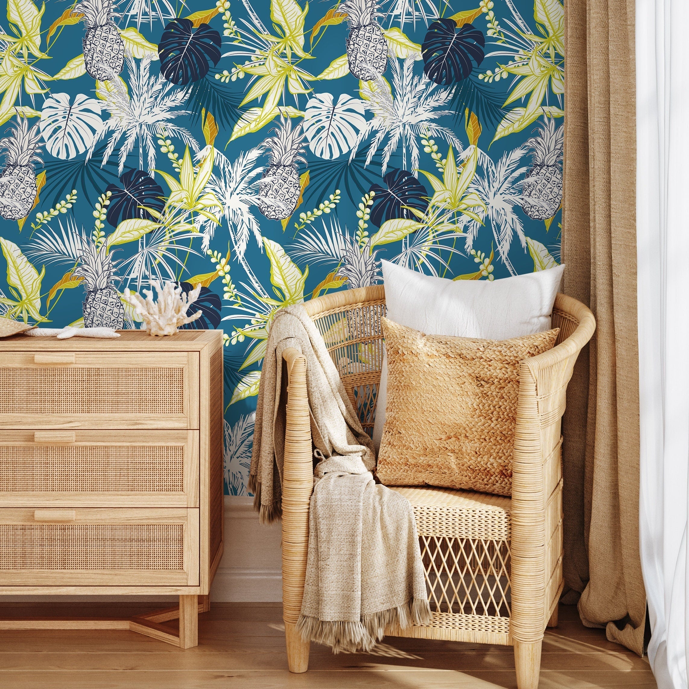 Tropical Wallpaper With Pineapples And Palm Leaves In Teal, Green, And White - B427