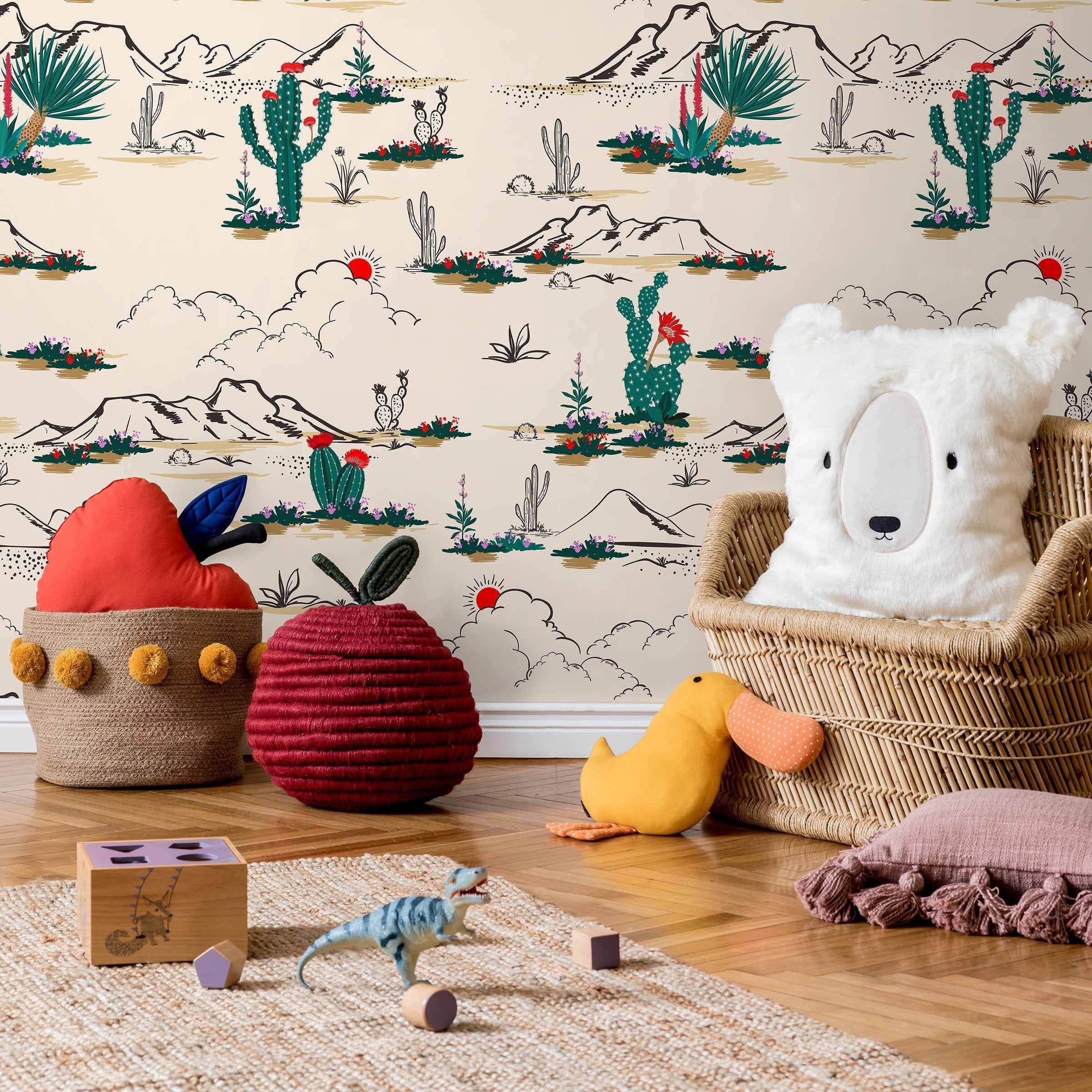 Desert Wallpaper With An Illustrated Cactus Scene In Green, Red, And Black - B428