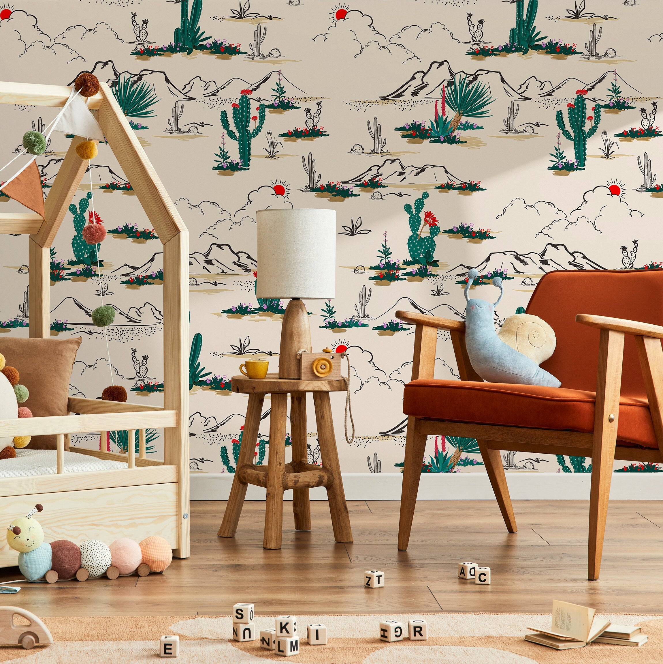 Desert Wallpaper With An Illustrated Cactus Scene In Green, Red, And Black - B428