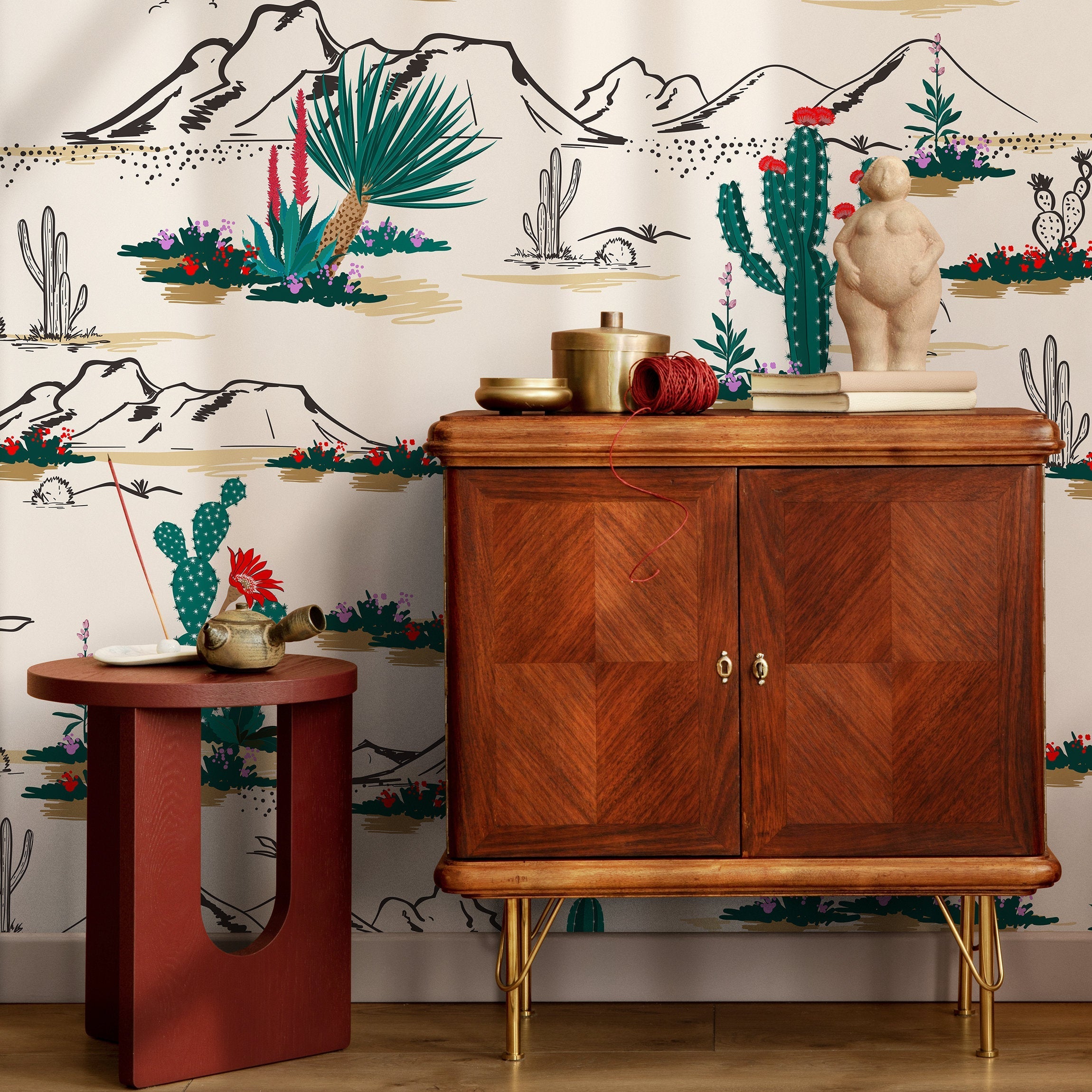 Desert Wallpaper With An Illustrated Cactus Scene In Green, Red, And Black - B428