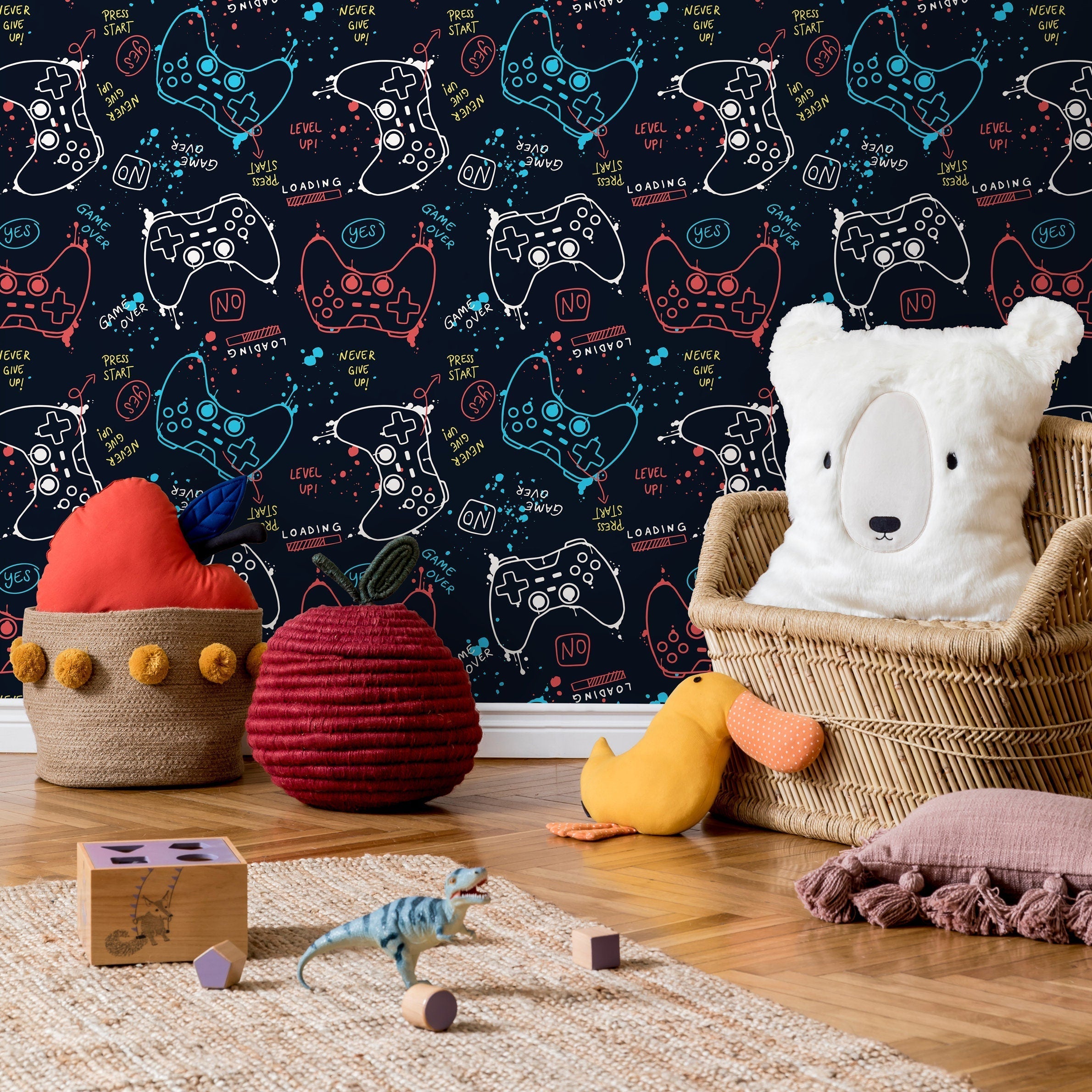 Gamer Wallpaper With A Sketchy Game Controller Motif In Blue, Red, And White - B508