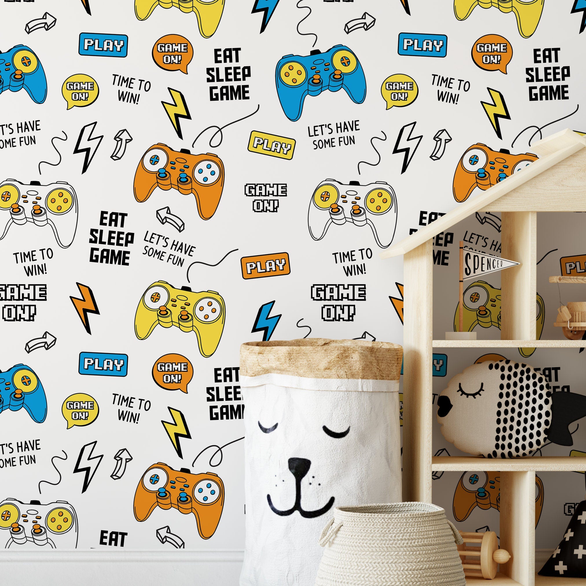 Gamer Wallpaper With Video Game Controllers In Blue, Yellow, And Orange - B534