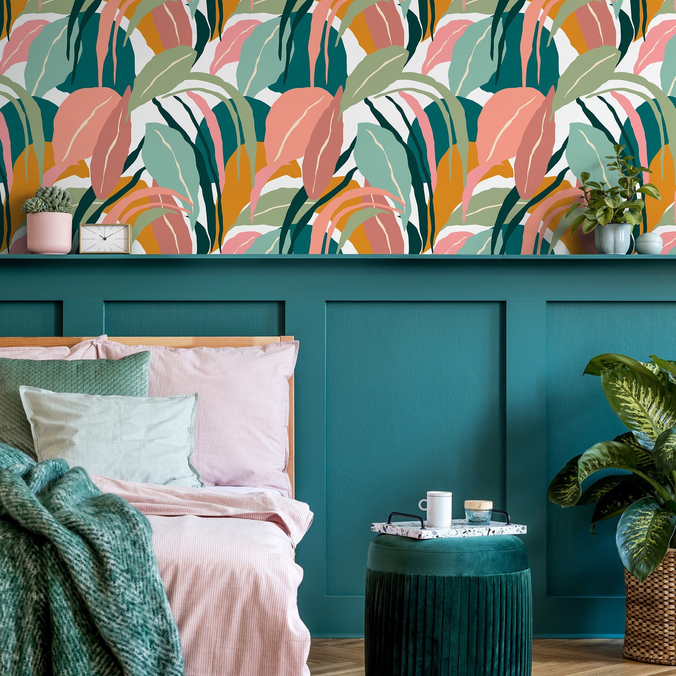 Botanical Wallpaper Featuring Abstract Tropical Leaves In Teal, Pink, And Yellow - B635