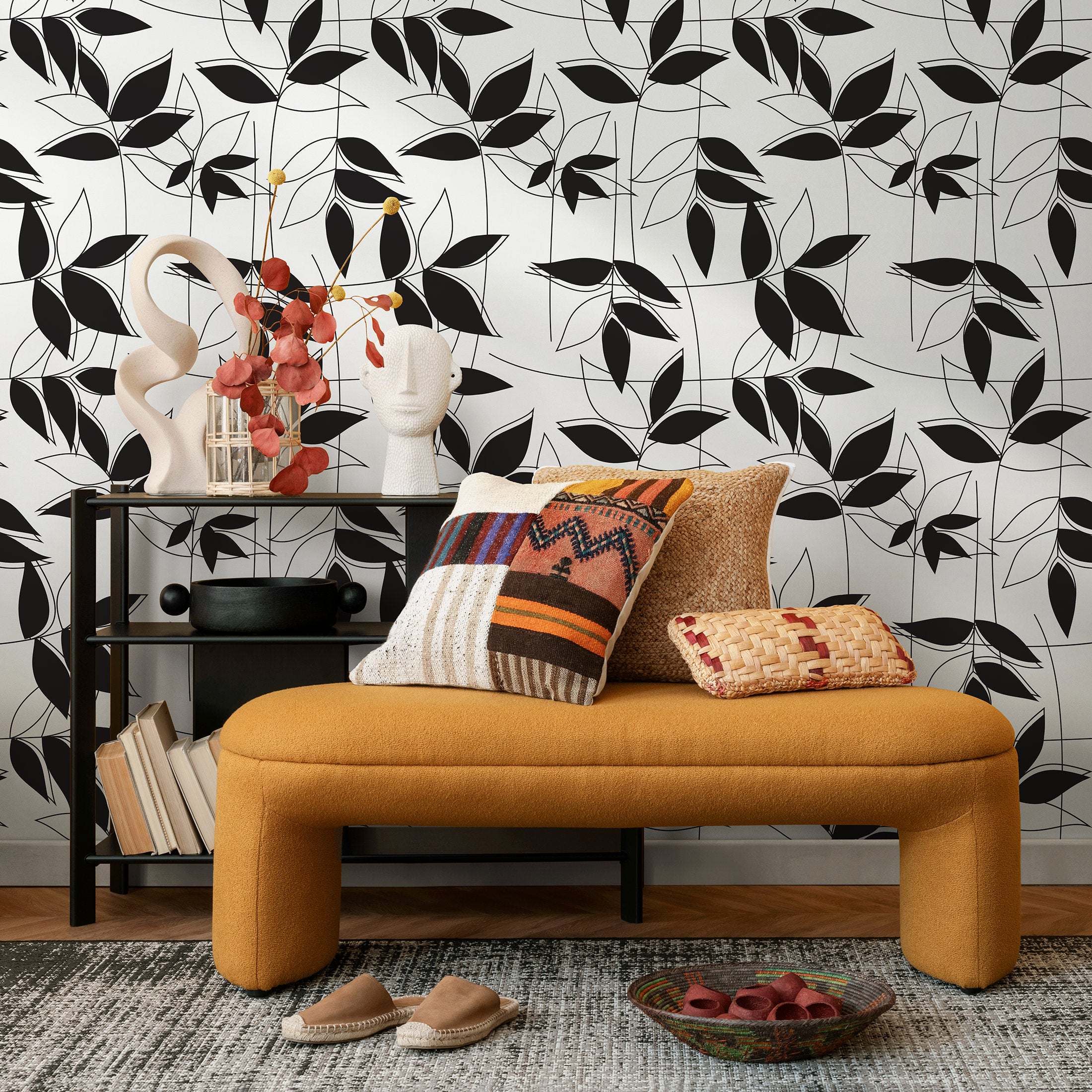 Botanical Wallpaper With A Modern Leaf Trellis In Black And White - B683