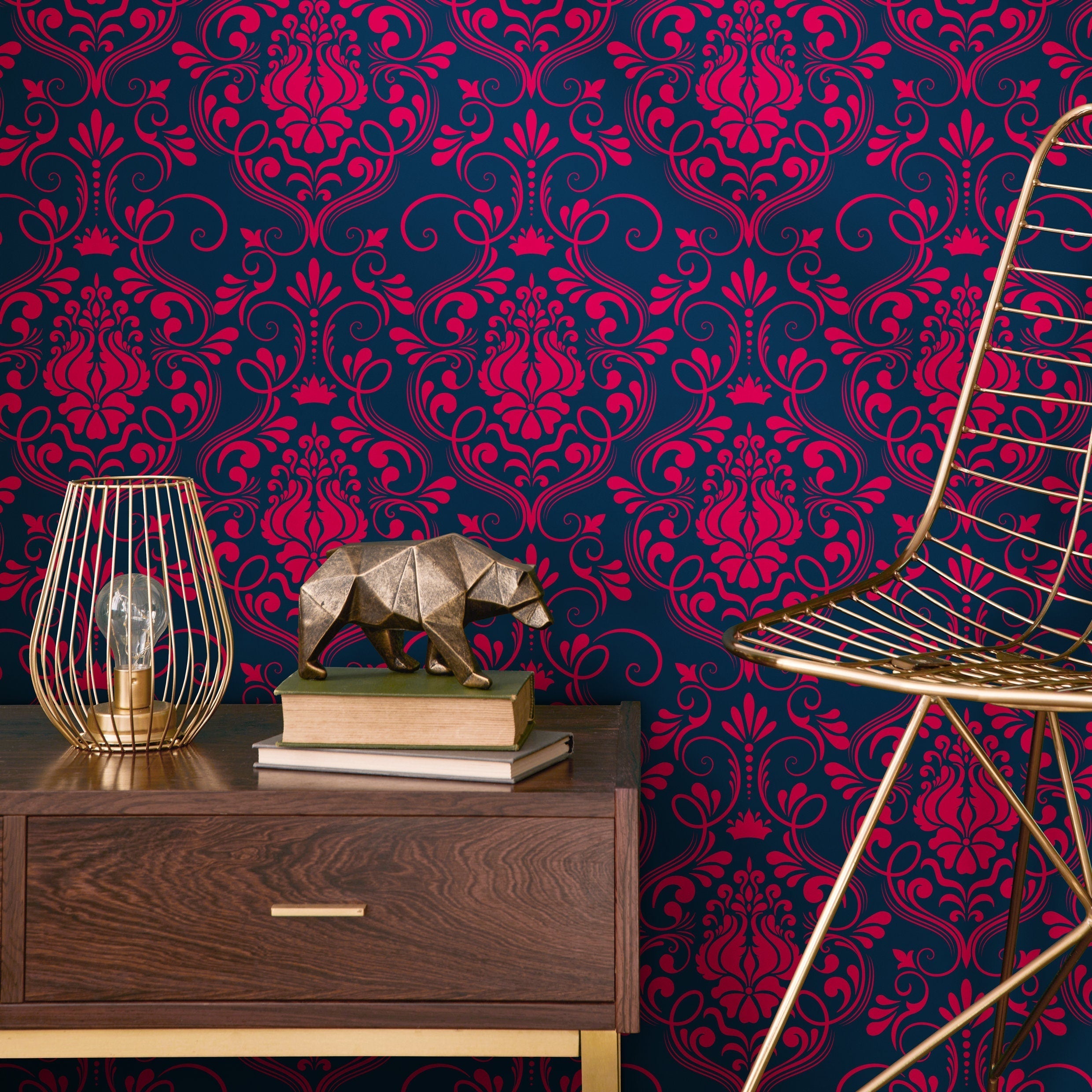 Classic Damask Wallpaper In Magenta And Navy Blue - B685