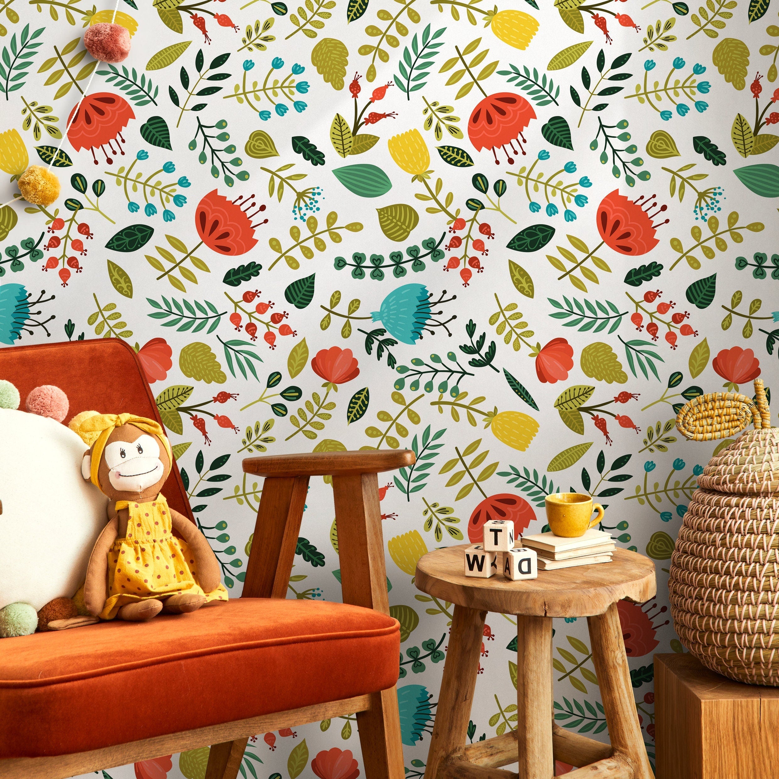 Botanical Wallpaper With Folk Art Florals In Red, Yellow, And Teal - B690