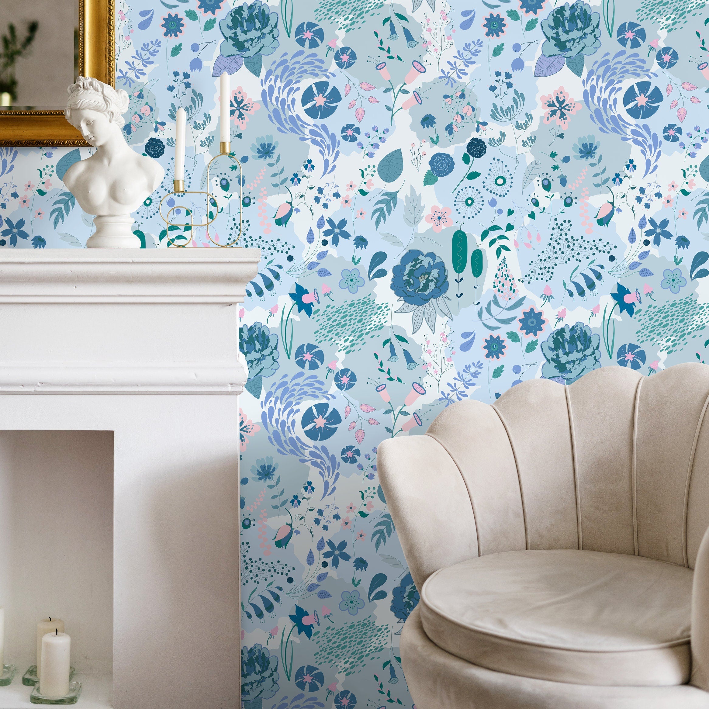 Botanical Wallpaper With A Whimsical Floral Meadow In Blue, Pink, And Green - B697