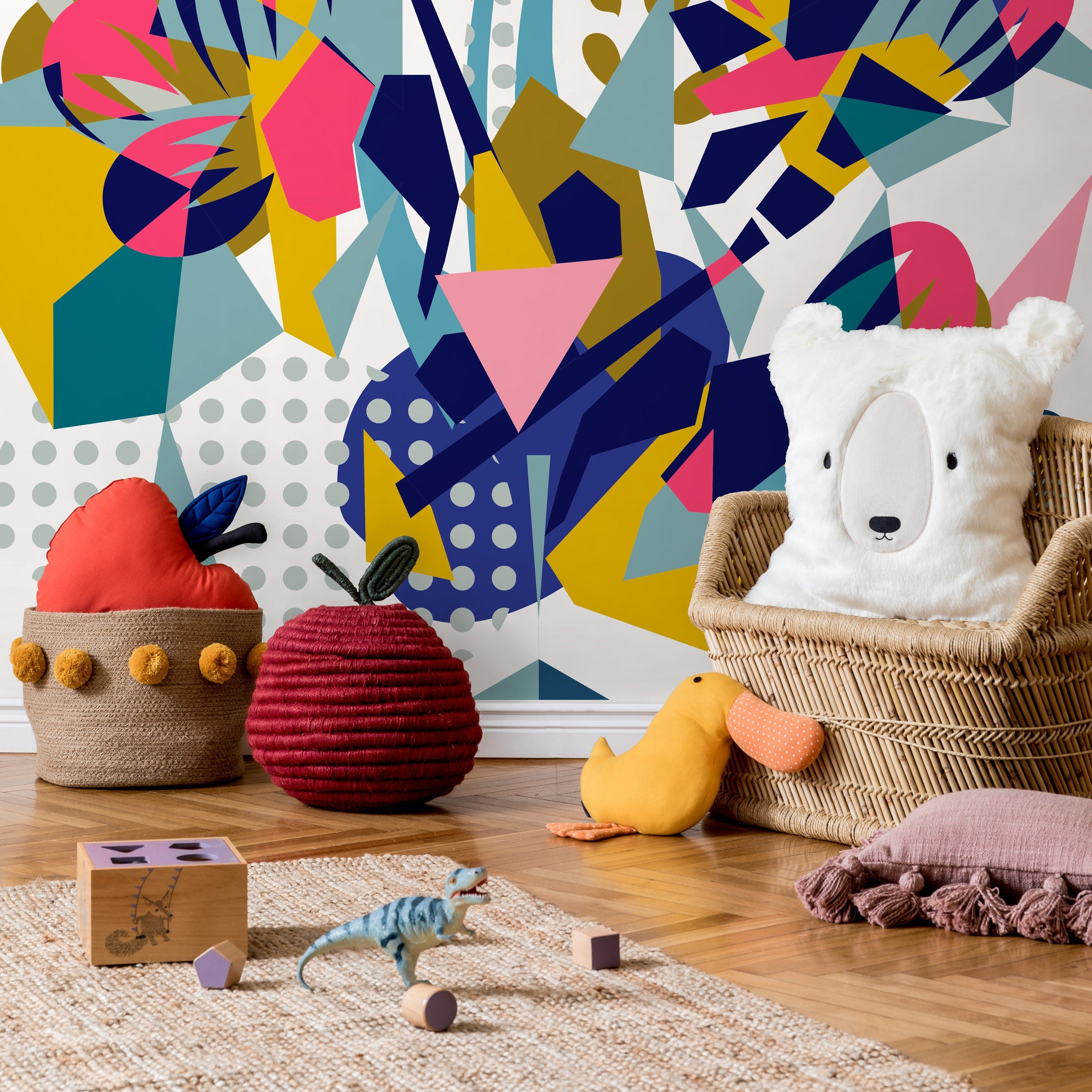 Abstract Wallpaper With A Modern Collage In Blue, Pink, And Yellow - B705