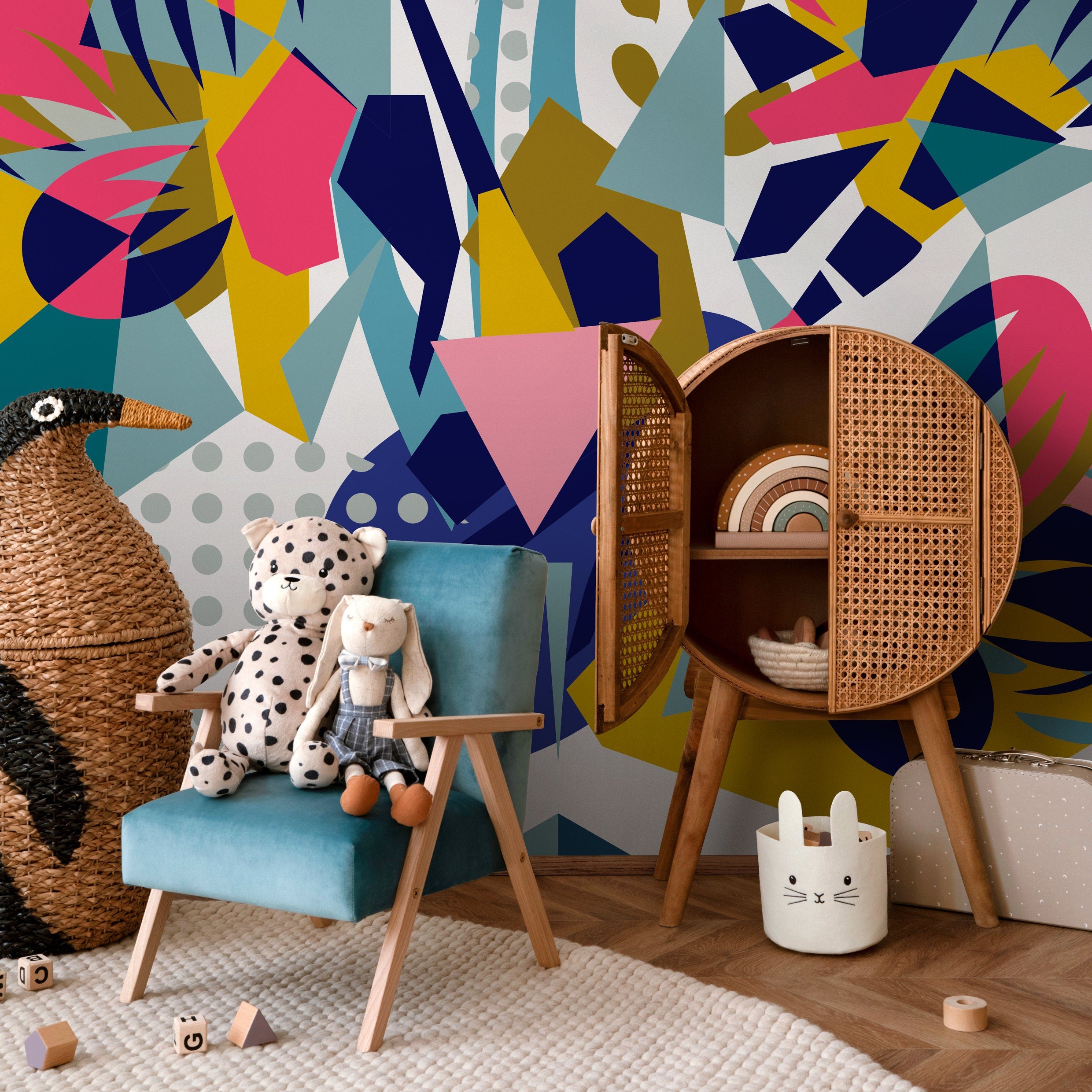 Abstract Wallpaper With A Modern Collage In Blue, Pink, And Yellow - B705