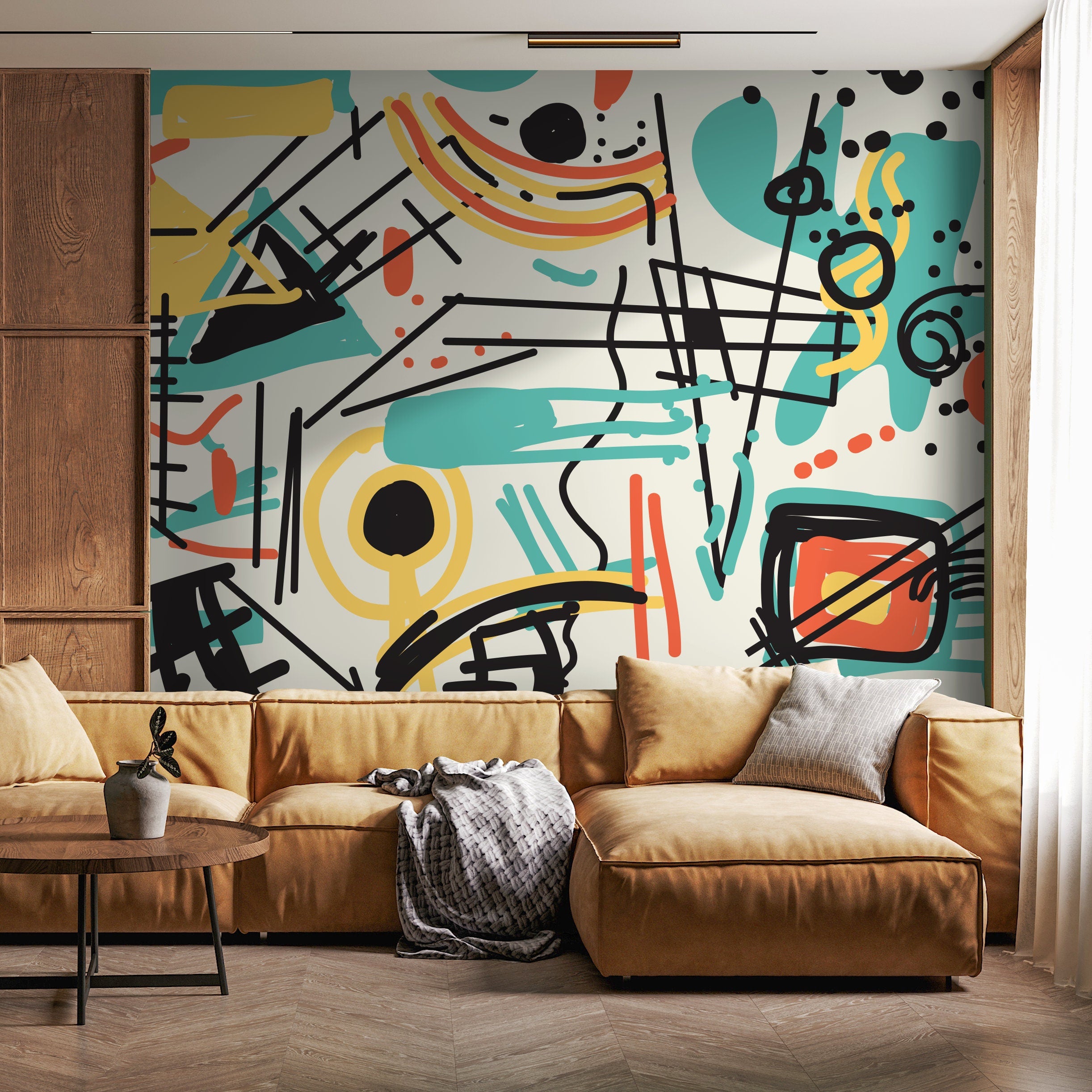 Abstract Wallpaper With Graphic Lines And Shapes In Black, Teal, And Yellow - B706