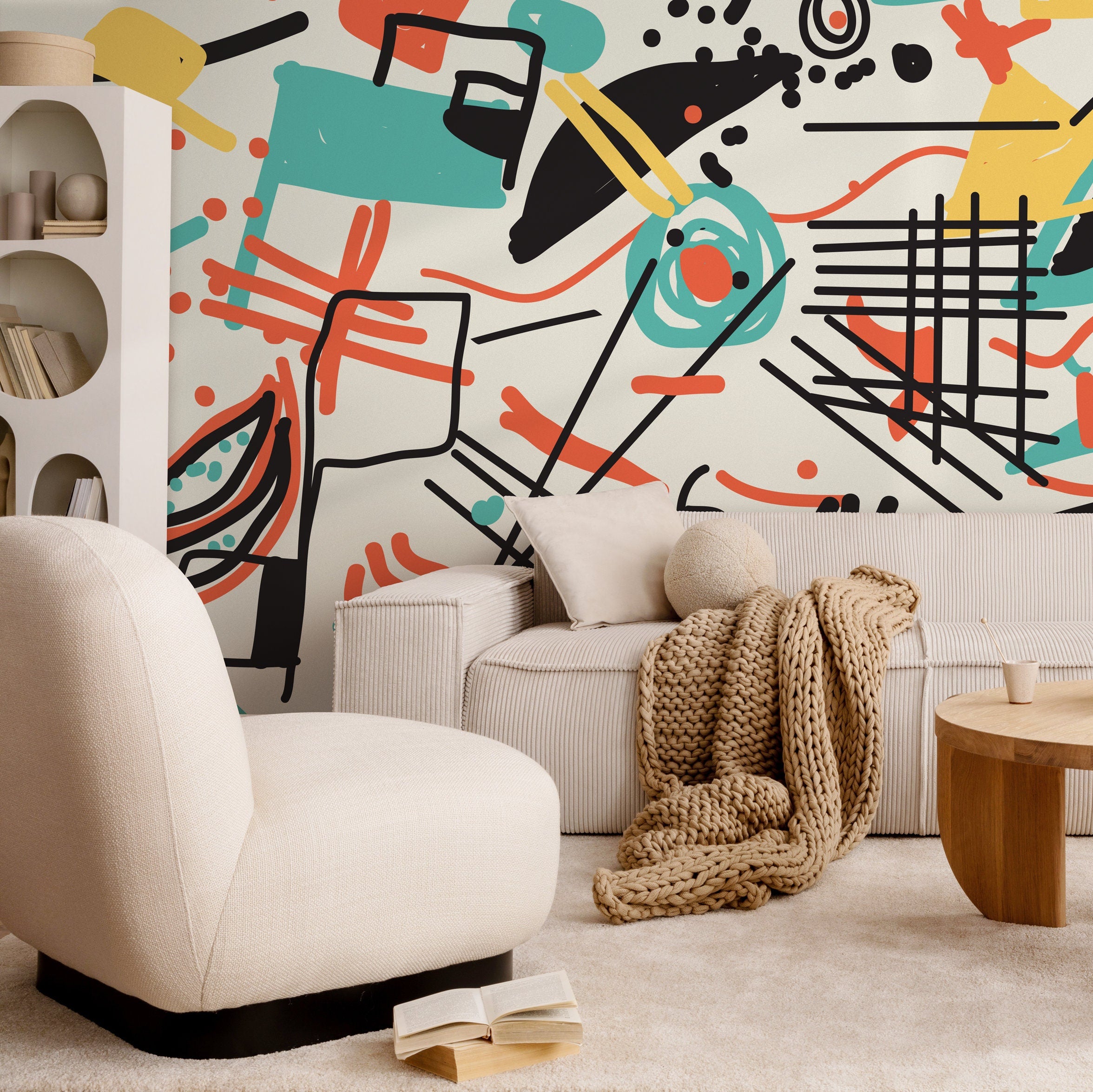 Abstract Wallpaper With Graphic Lines And Shapes In Black, Teal, And Yellow - B706