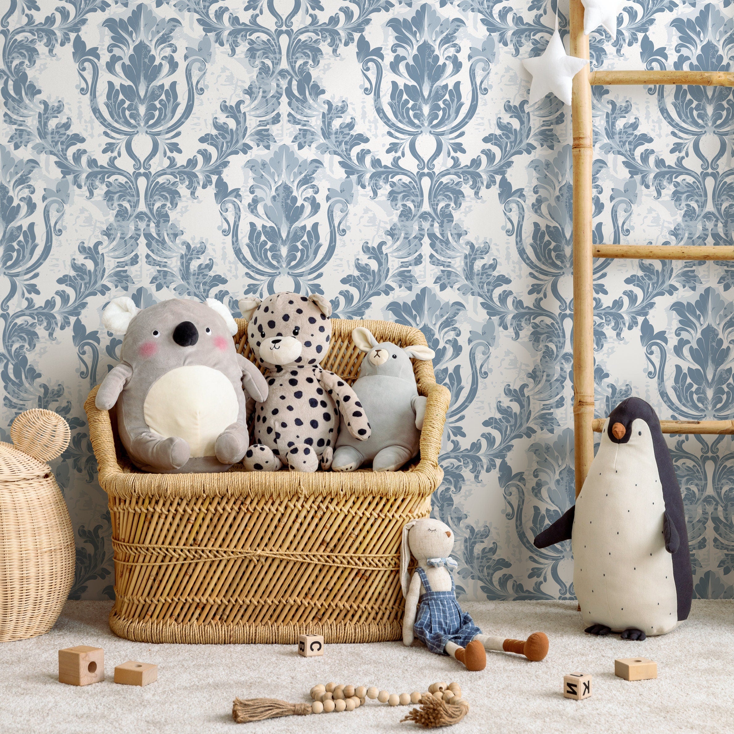 Damask Wallpaper With A Distressed Motif In Blue - B781