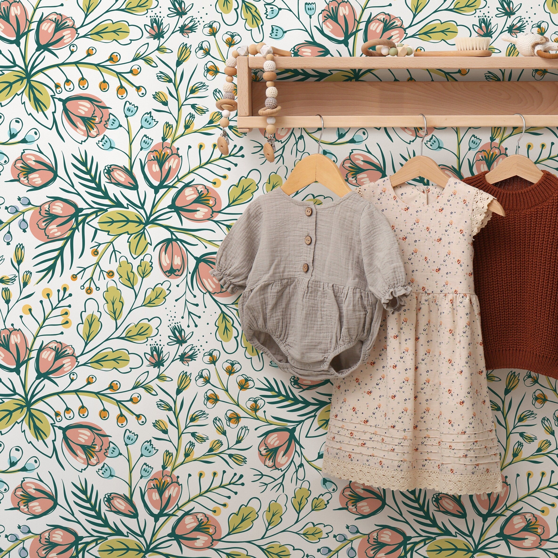 Botanical Wallpaper With Hand-drawn Blooms In Pink, Green, And Blue - B785