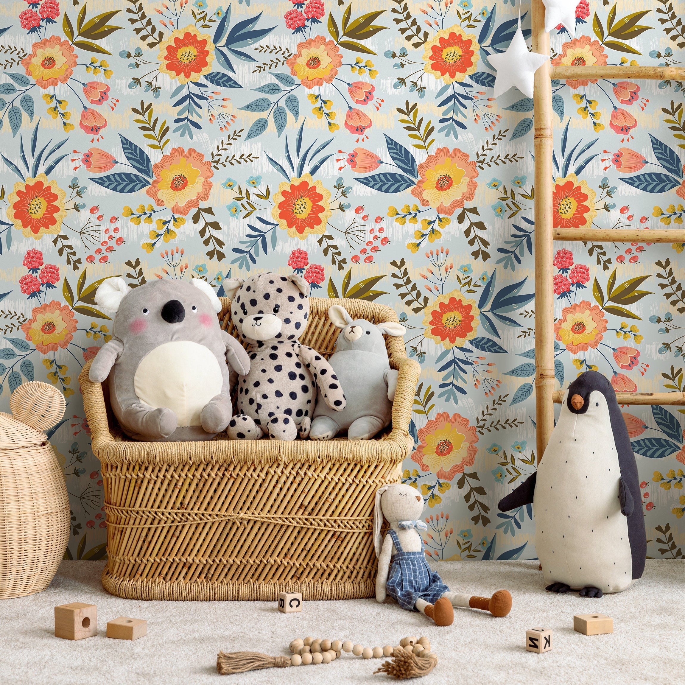 Floral Wallpaper Featuring Stylized Blooms And Berries In Blue, Orange, And Yellow - B799