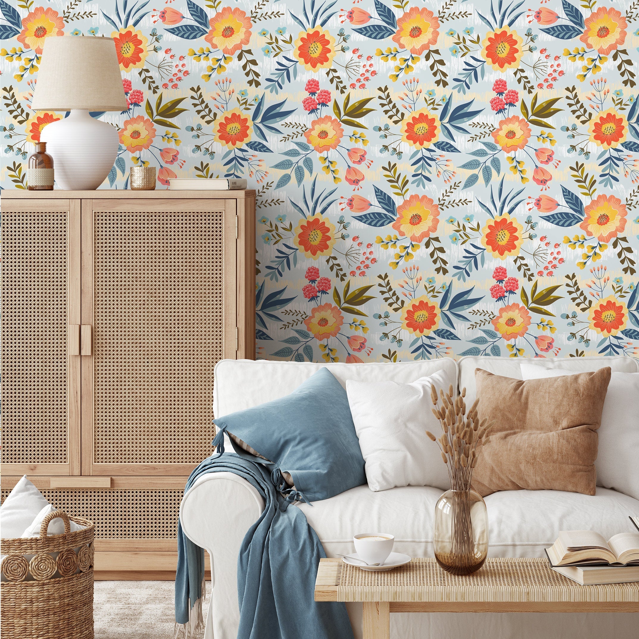 Floral Wallpaper Featuring Stylized Blooms And Berries In Blue, Orange, And Yellow - B799