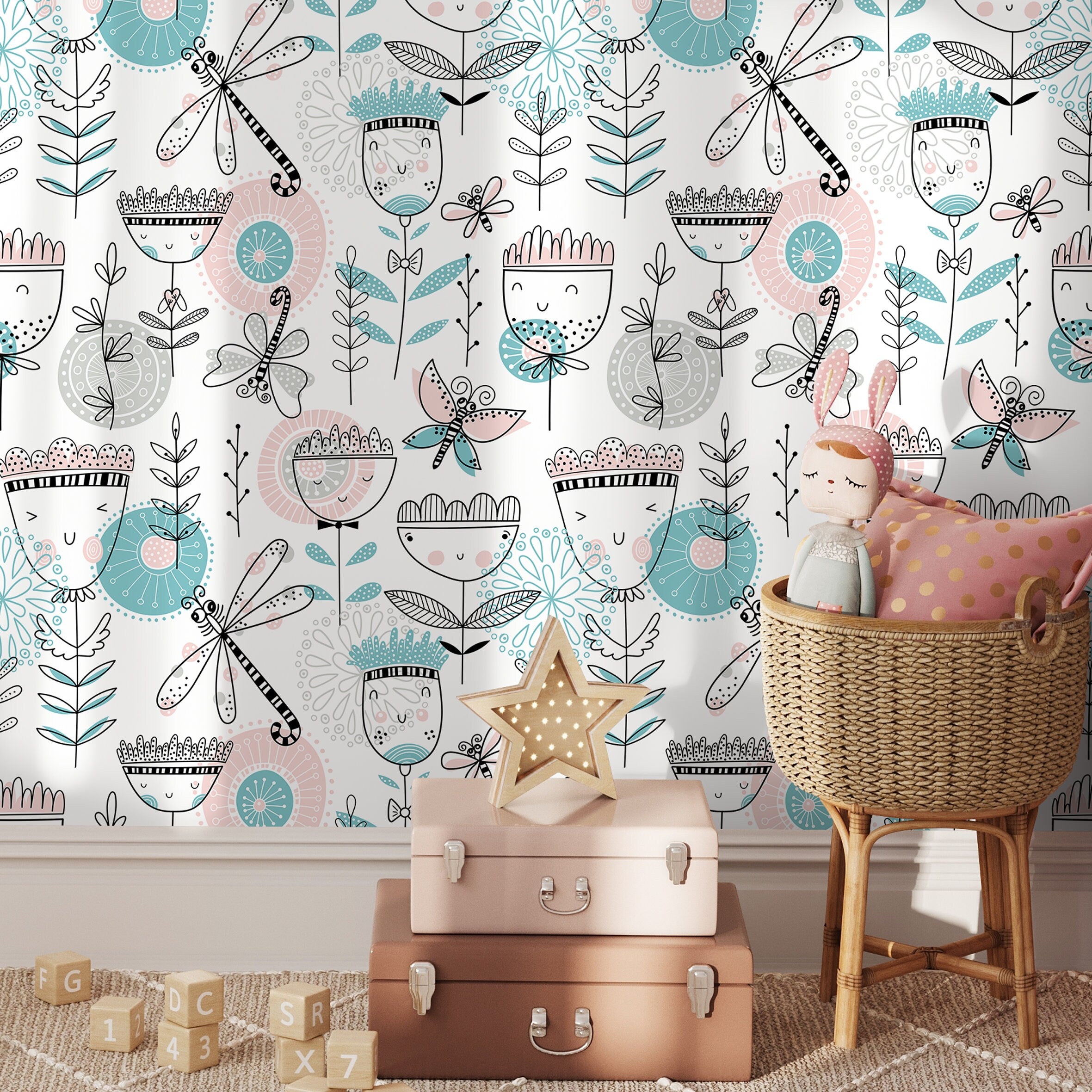 Kids Wallpaper With Whimsical Flowers And Dragonflies In Pink, Teal, And Black - B815
